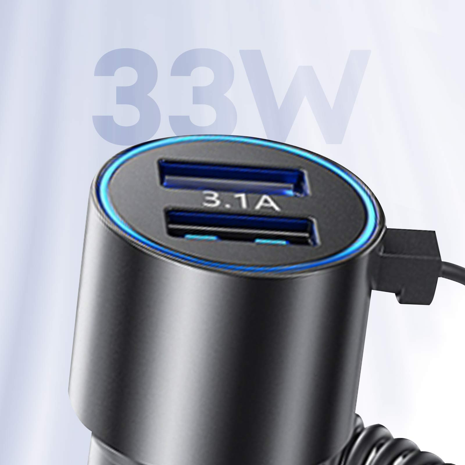 Caricabatterie per auto nero con due porte USB. Il testo '33W' e '3.1A' è visibile.