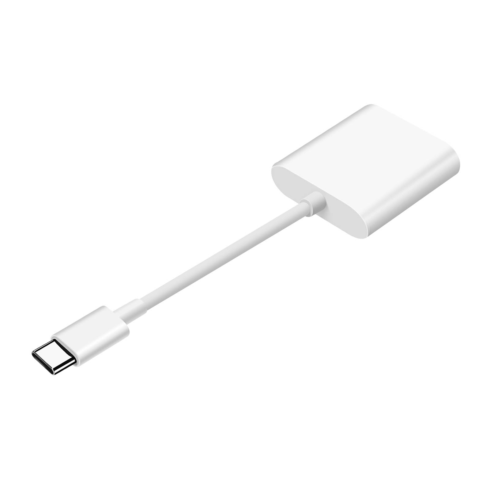 Ein weißer USB-C-Adapter mit einem Kabel.