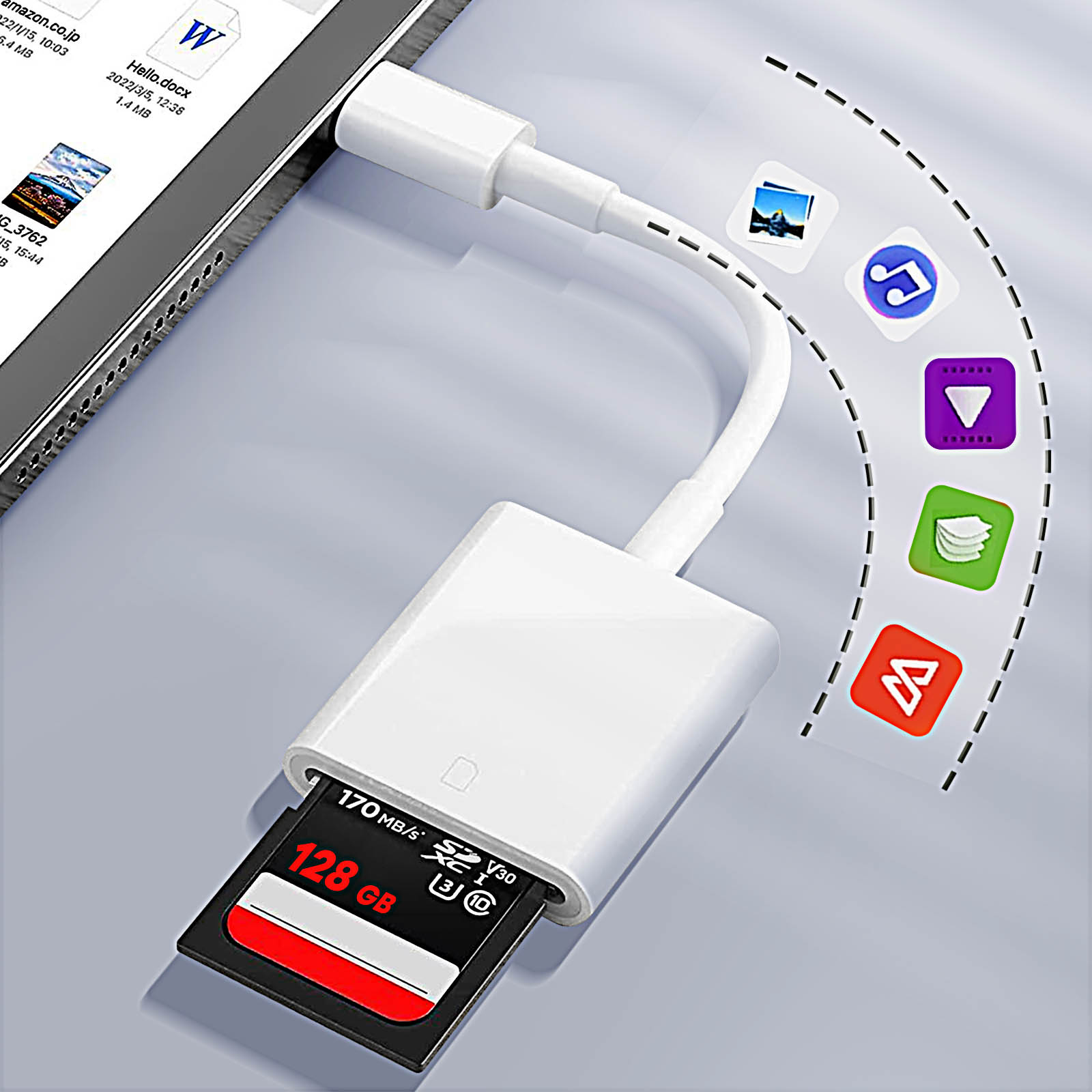 Ein weißer SD-Kartenleser ist an ein Tablet angeschlossen und eine 128-GB-SD-Karte ist eingesetzt.