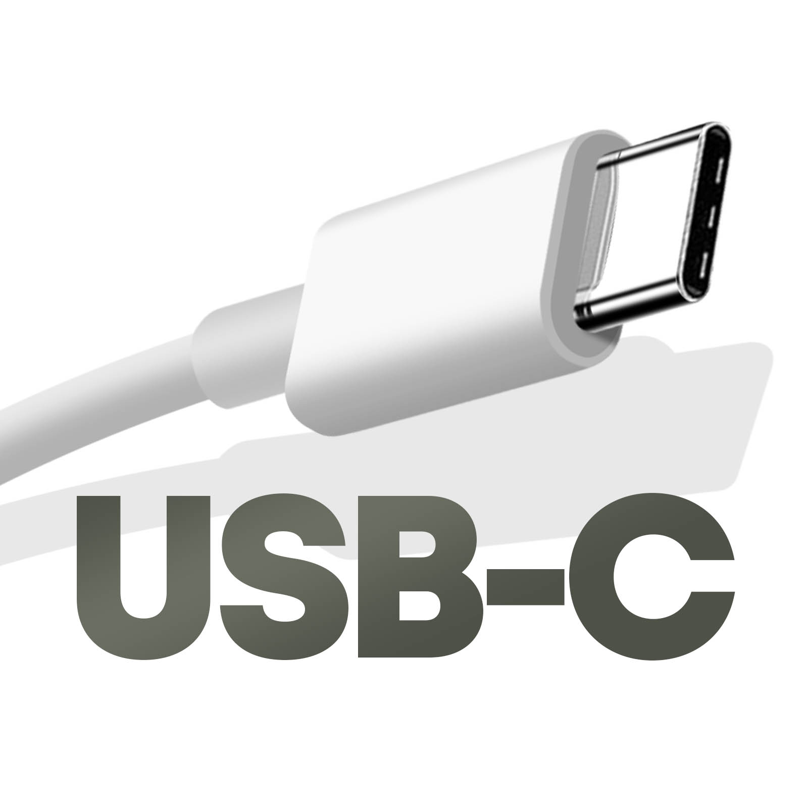 Nahaufnahme eines weißen USB-C-Kabelsteckers vor weißem Hintergrund.