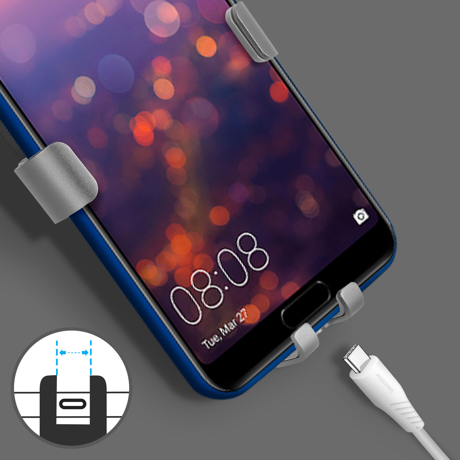 Telefon von einem Halter gehalten mit Ladekabel. Das Telefon zeigt Zeit und Datum.