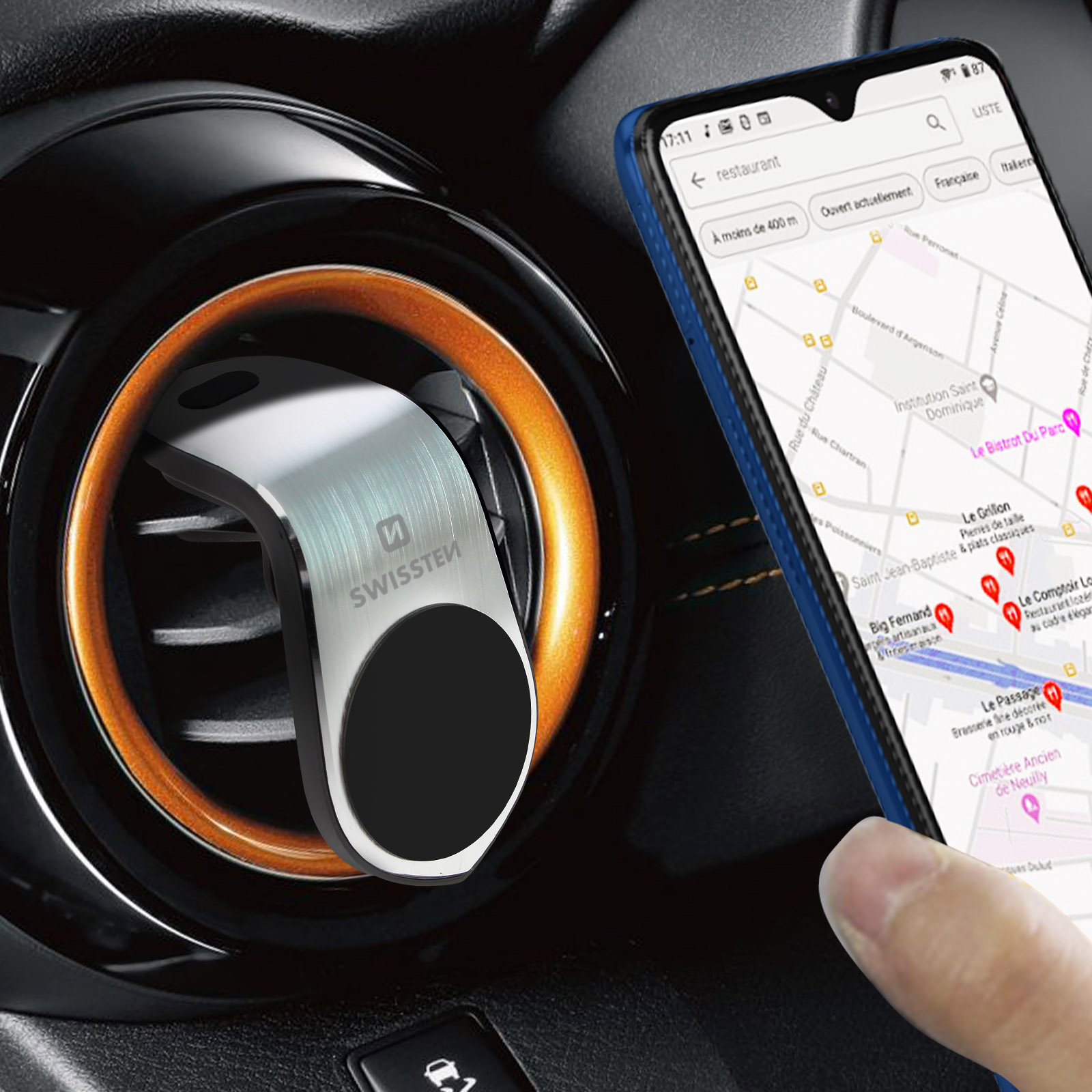 Kfz-Lüftungshalterung mit silbernem und schwarzem Telefonhalter, der ein Telefon hält.