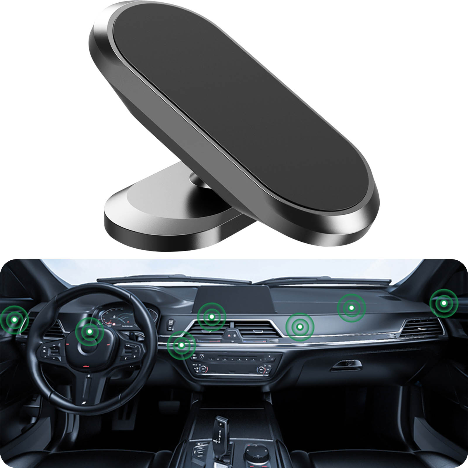 Silberner und schwarzer Telefonhalter auf dem Armaturenbrett, mit grünen Signal-Symbolen. Auto-Innenraum im Hintergrund.
