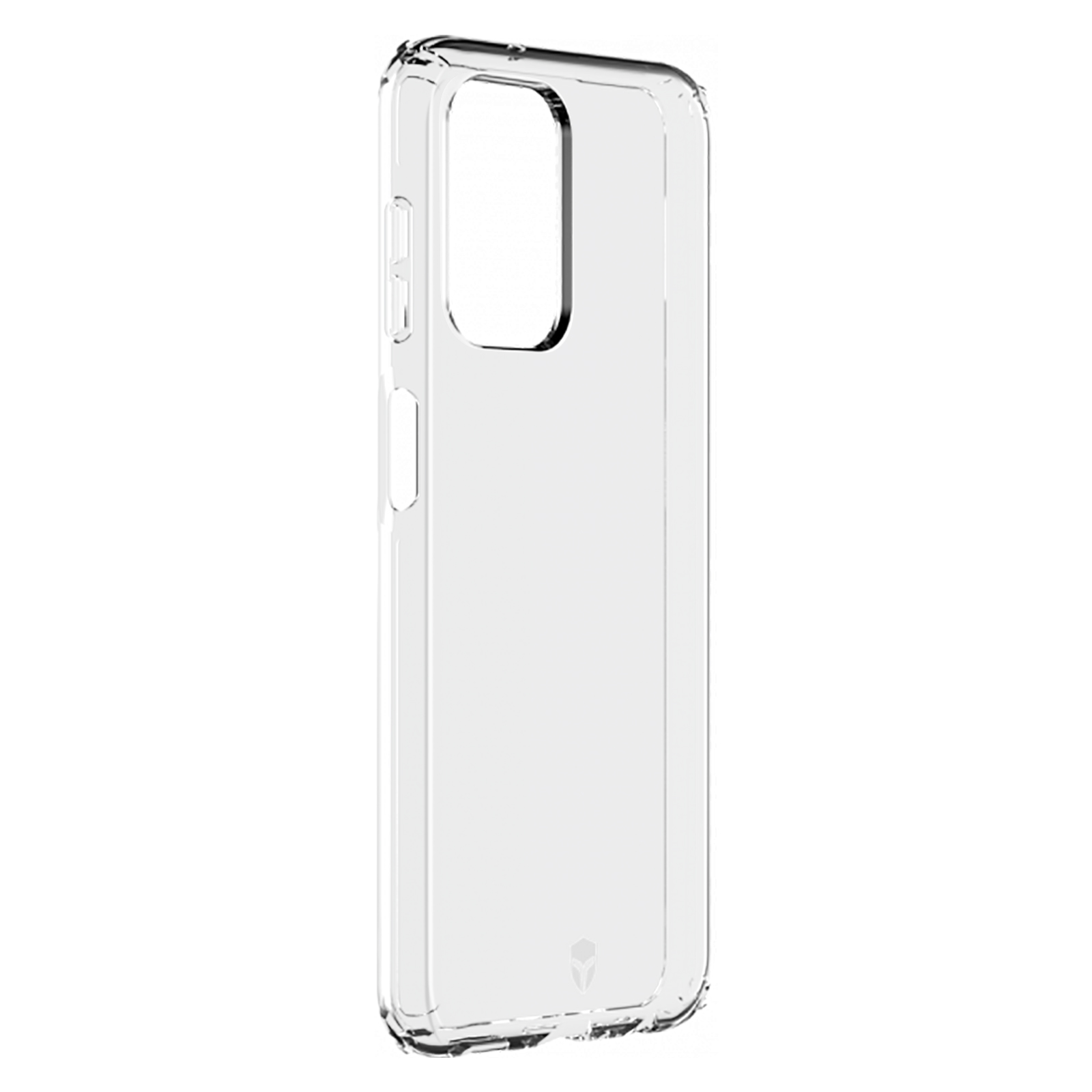 Custodia trasparente per telefono con fori per fotocamera e pulsanti. Su sfondo bianco.