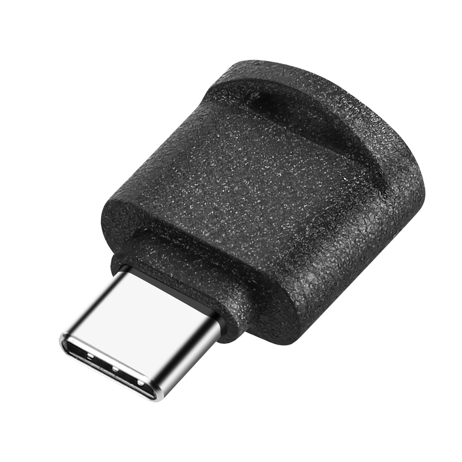 Ein schwarzer USB-C-Adapter mit einer metallischen Spitze auf weißem Hintergrund.