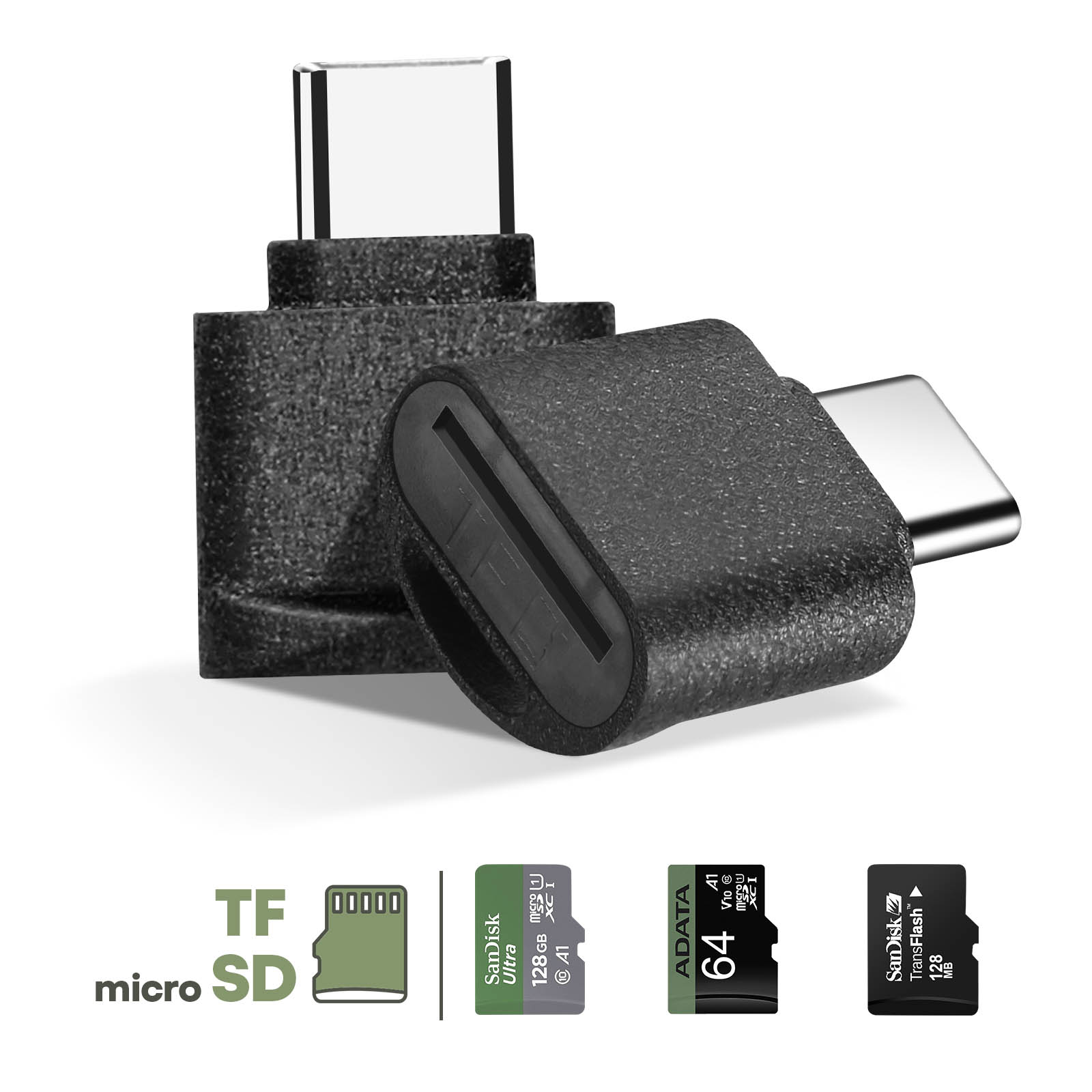 Zwei schwarze USB-C-Adapter für Micro-SD-Karten, daneben vier Micro-SD-Karten.