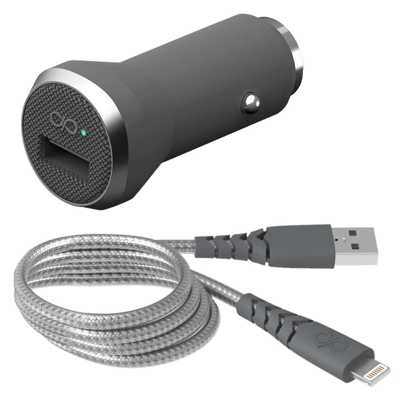 Ein graues Autoladegerät mit Ladekabel und USB-Ende.