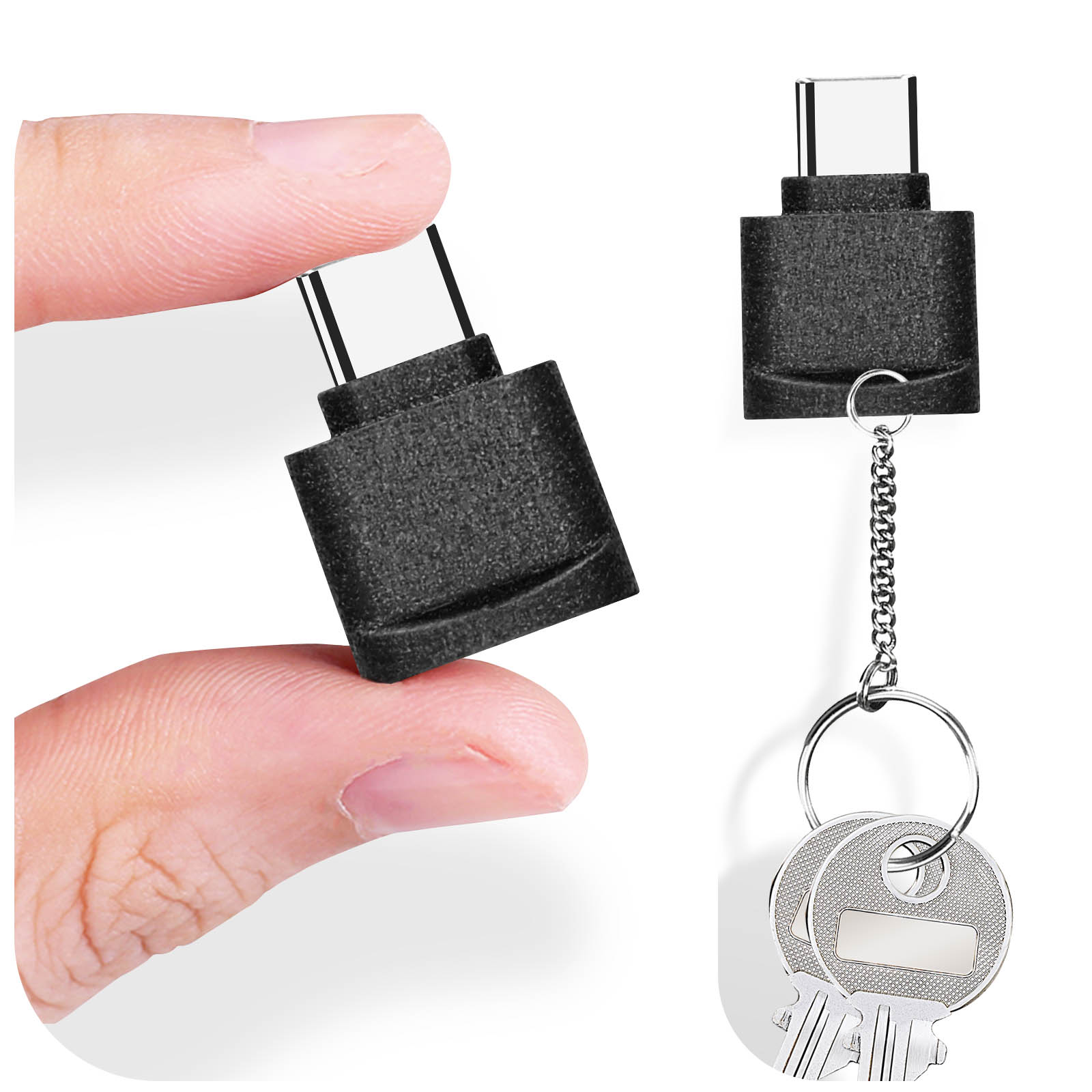 Ein Finger hält einen schwarzen USB-C-Adapter. Daneben sind Schlüssel mit einem Adapter.