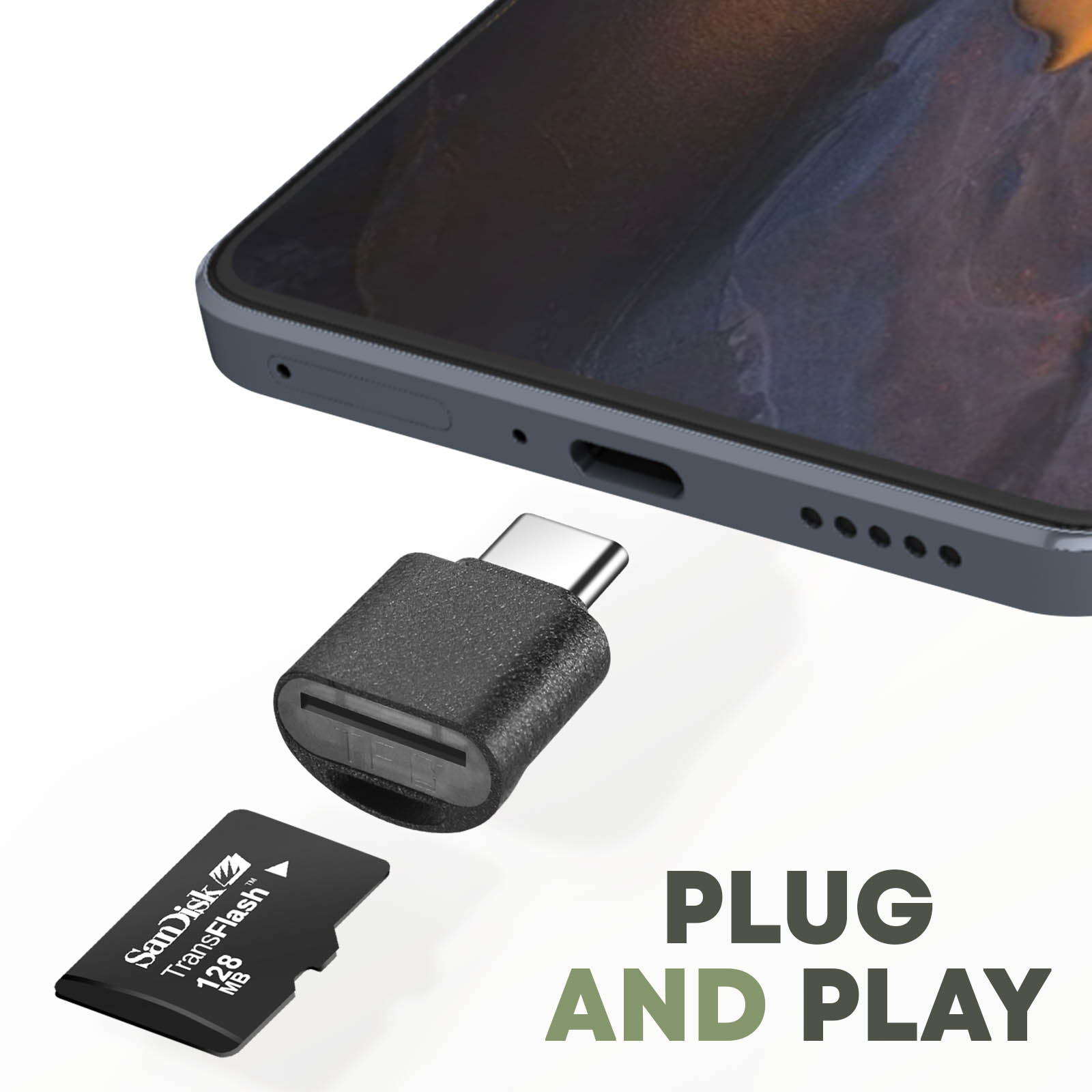 Ein USB-C-Kartenleser mit einer SD-Karte und einem Smartphone.