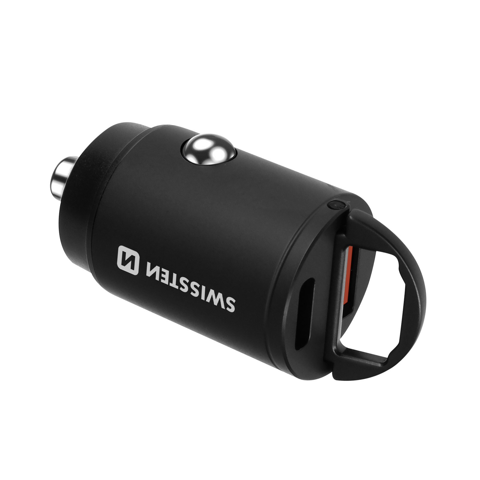 Ein schwarzes Autoladegerät mit silbernem Knopf und dem Swissims-Logo wird gezeigt.