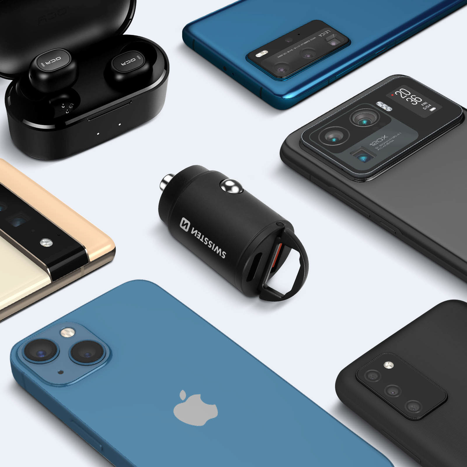Sortiment an Smartphones, Ohrhörern und einem Autoladegerät. Enthält blaue und schwarze Telefone.