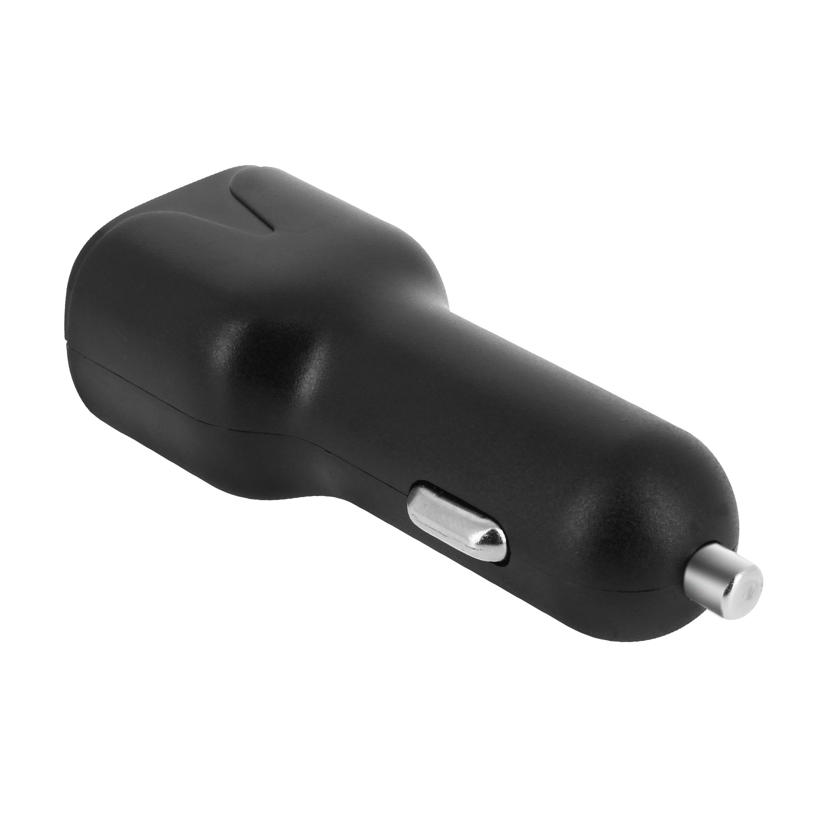 Schwarzer Auto-Ladegerät-Adapter, abgewinkelt, auf weißem Hintergrund. Der Adapter hat eine silberne Spitze.