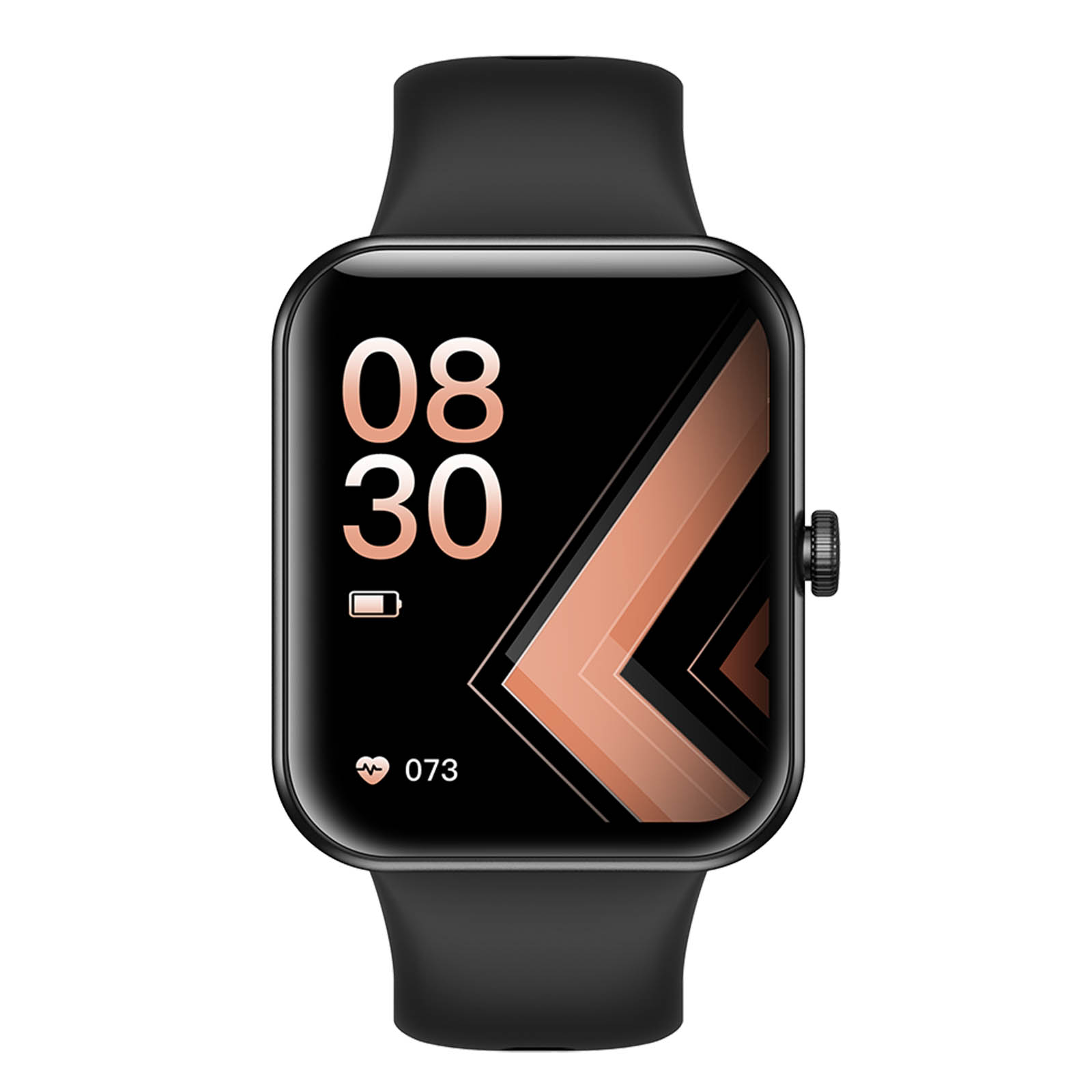 Schwarze Smartwatch mit Bildschirm, der die Uhrzeit und eine Gesundheitsmetrik anzeigt, an einem schwarzen Armband.