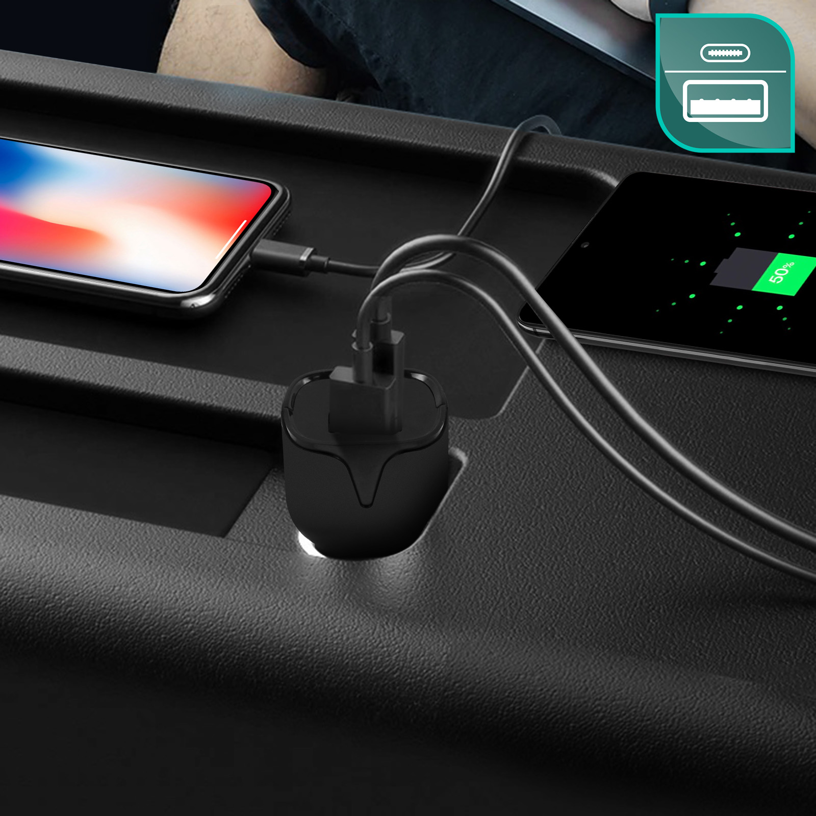 Auto-Ladestation mit Telefon und Tablet, die mit USB-C-Kabeln geladen werden.