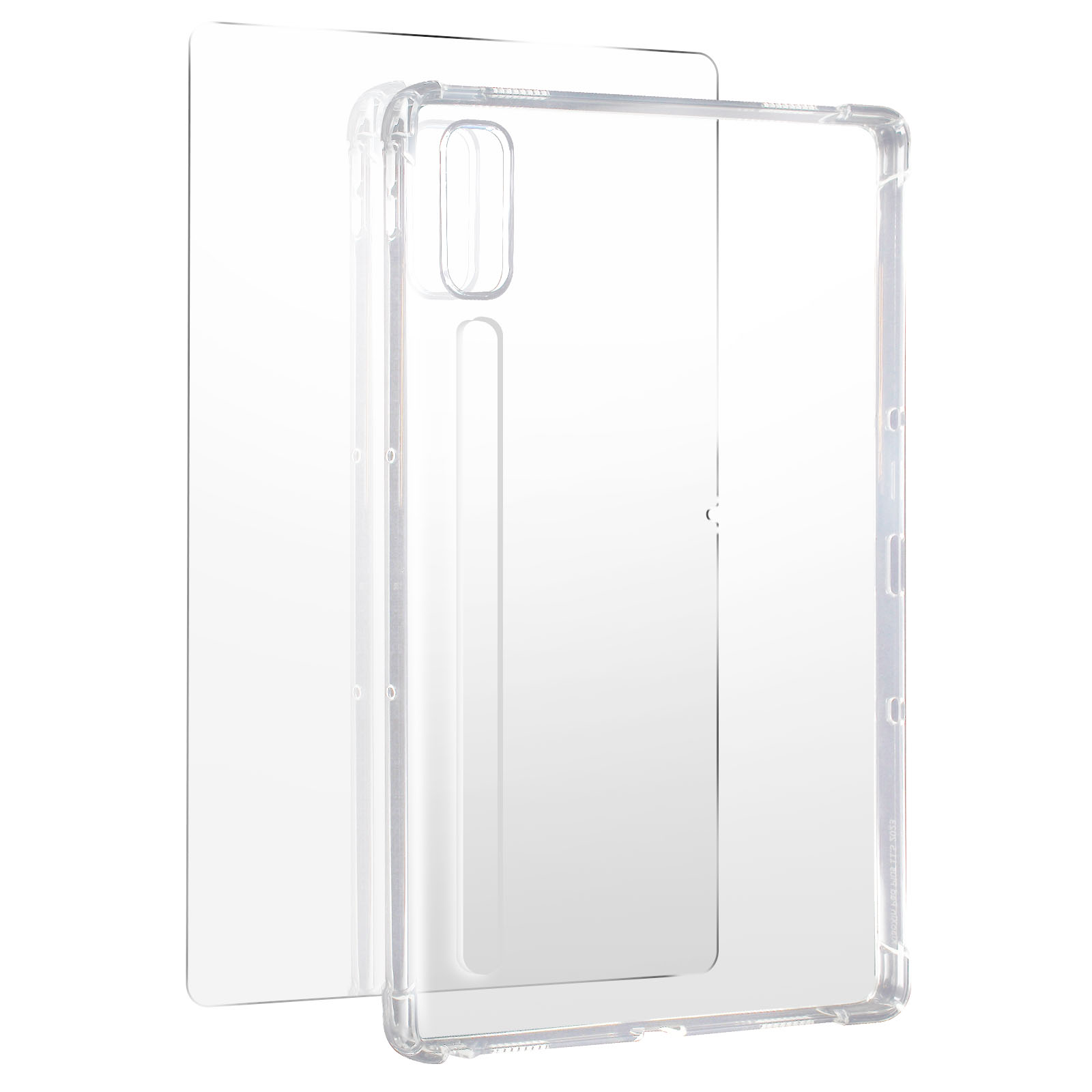 Transparente Handyhülle und Displayschutzfolie auf weißem Hintergrund.