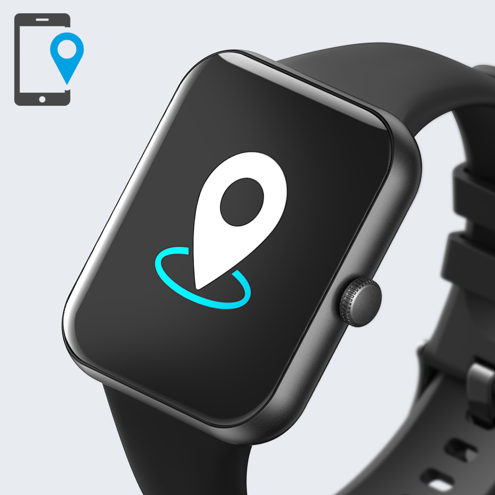 Schwarze Smartwatch mit weißem Standortsymbol auf dem Bildschirm, neben einem Smartphone-Symbol.