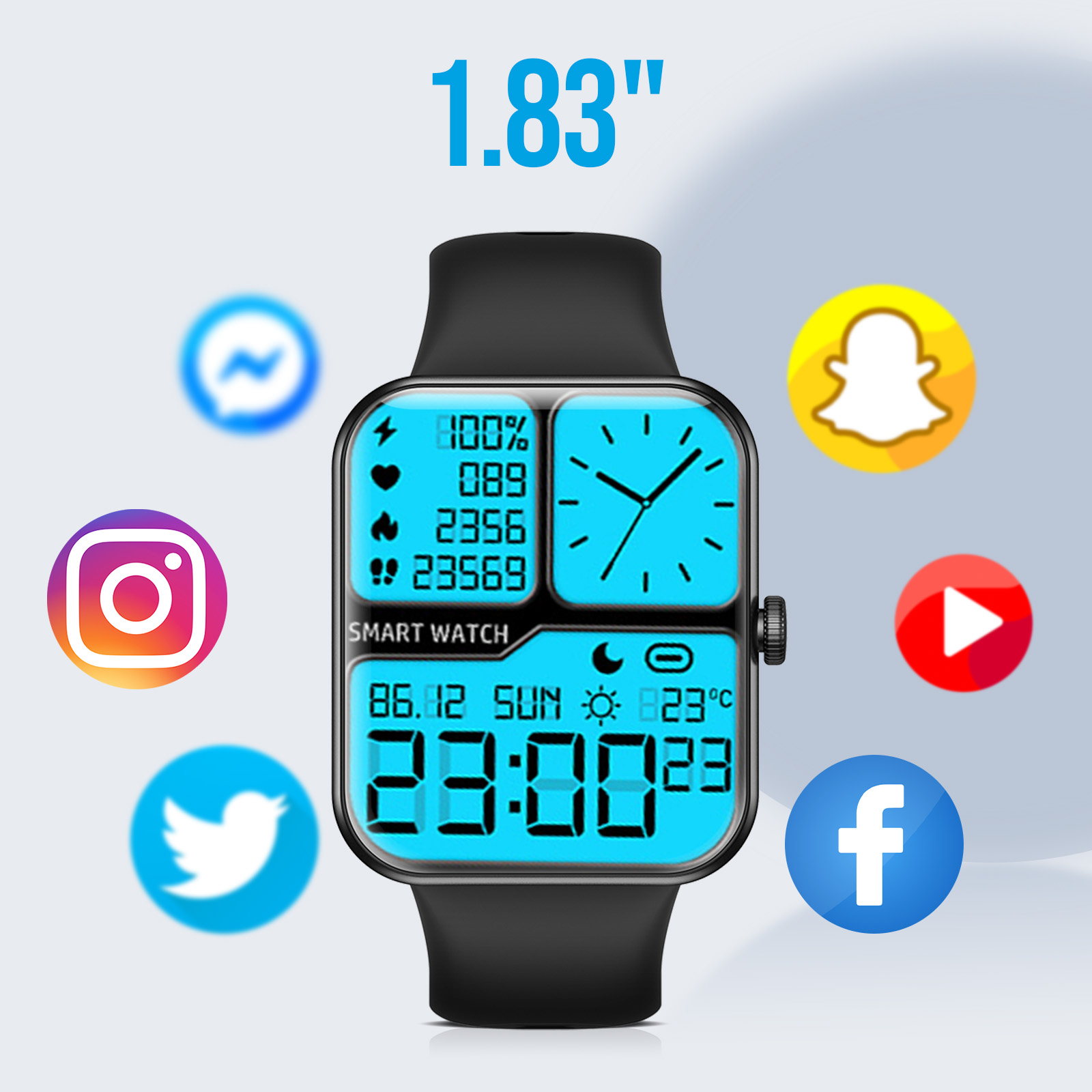 Eine schwarze Smartwatch, die Zeit anzeigt, Social-Media-Symbole um den Bildschirm.