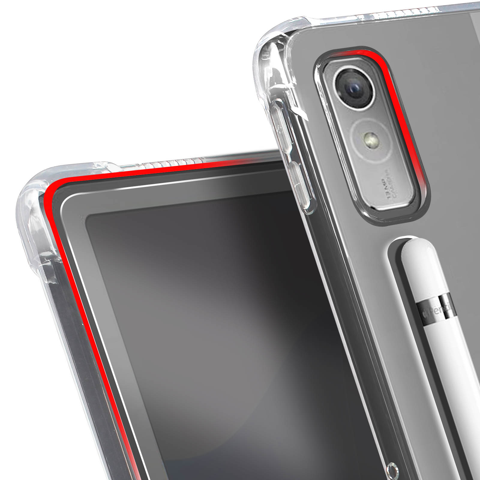 Nahaufnahme einer Handyhülle mit roter Umrandung, einem Stift und einem Tablet.