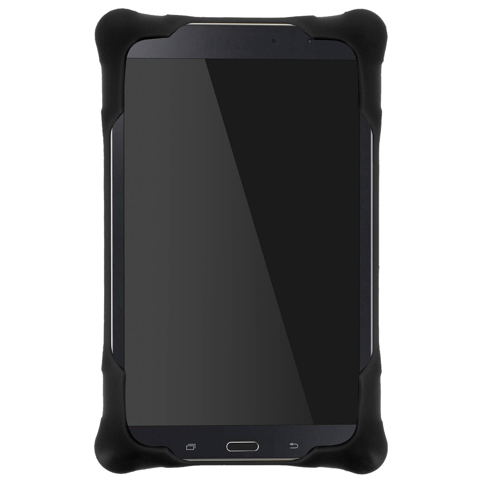 Schwarzes Tablet in schwarzer Hülle, Vorderansicht. Schwarzer Bildschirm. Weißer Hintergrund.