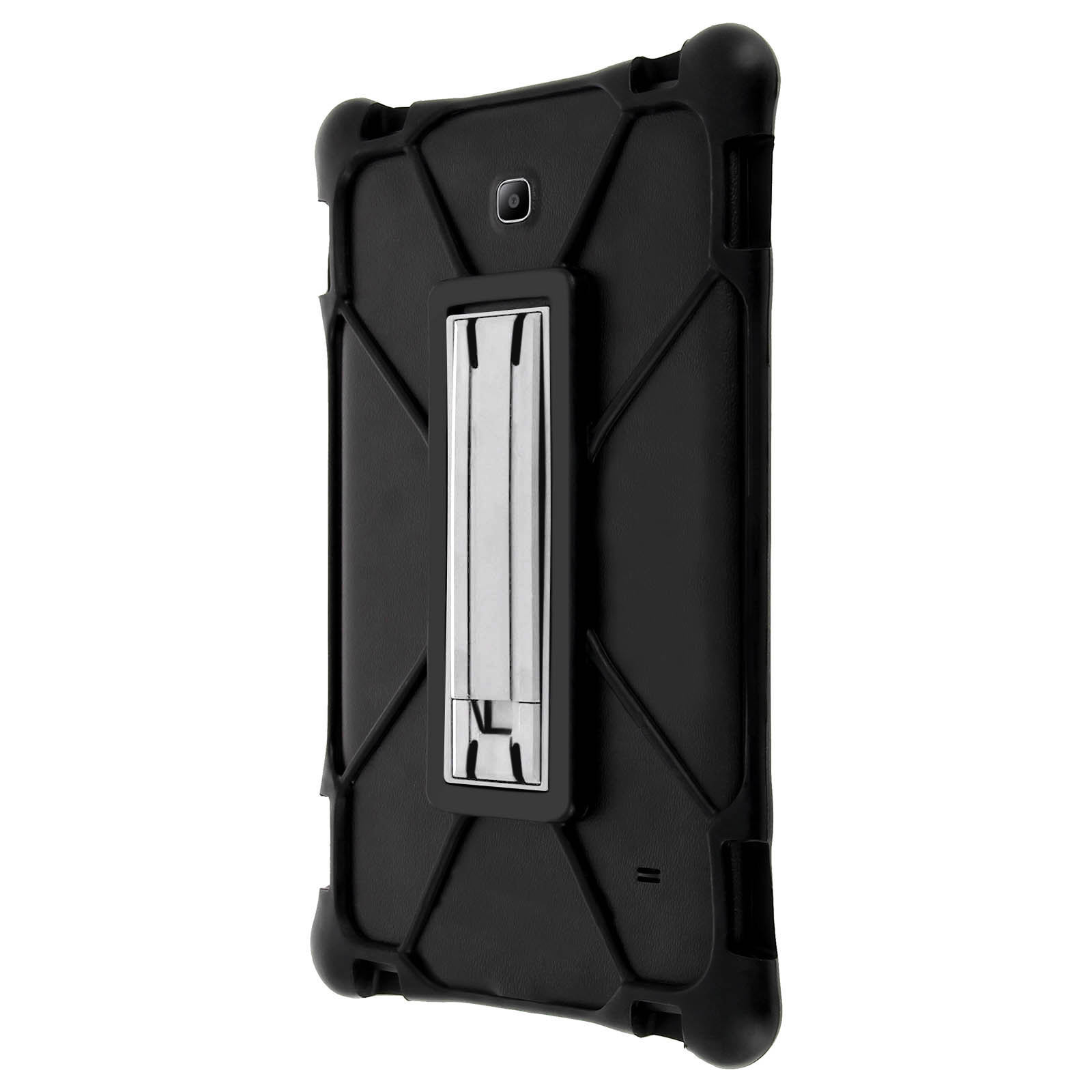 Schwarze Tablet-Hülle mit Ständer. Die Hülle befindet sich auf weißem Hintergrund.