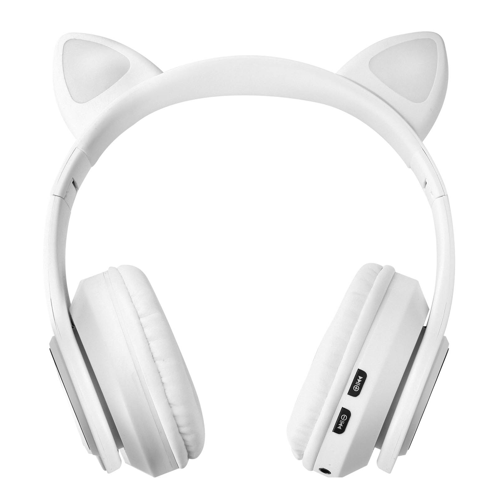Casque blanc avec oreilles de chat et boutons de contrôle. Sur une surface blanche.