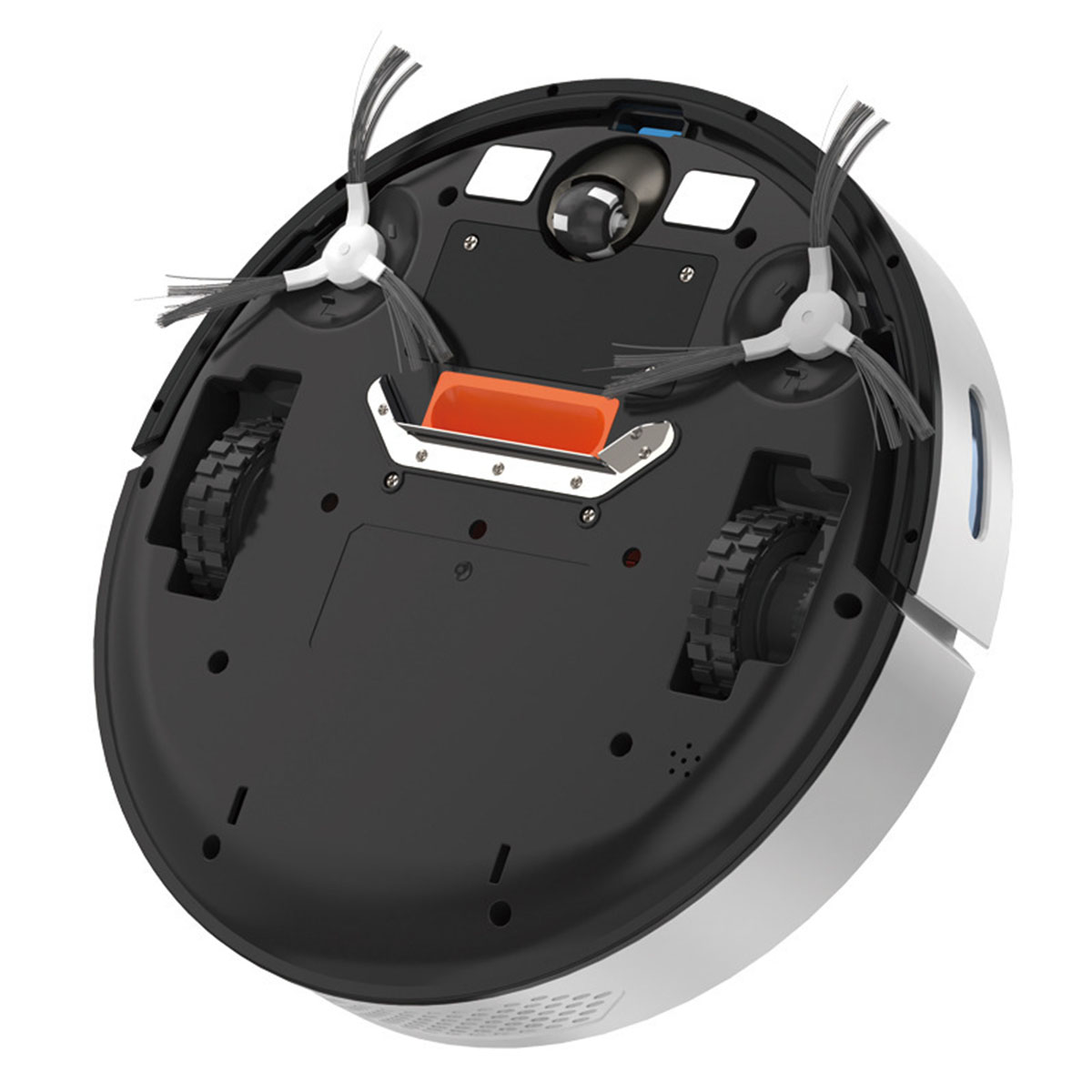 Roboter-Staubsauger von unten. Es hat zwei Räder, zwei Bürsten und ein orangefarbenes Stück. Weiße und schwarze Farben.