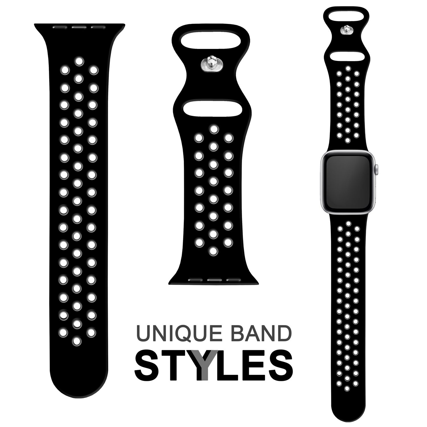 Drei schwarze Smartwatch-Armbänder. Eines ist an der Uhr befestigt. Text: "UNIQUE BAND STYLES".