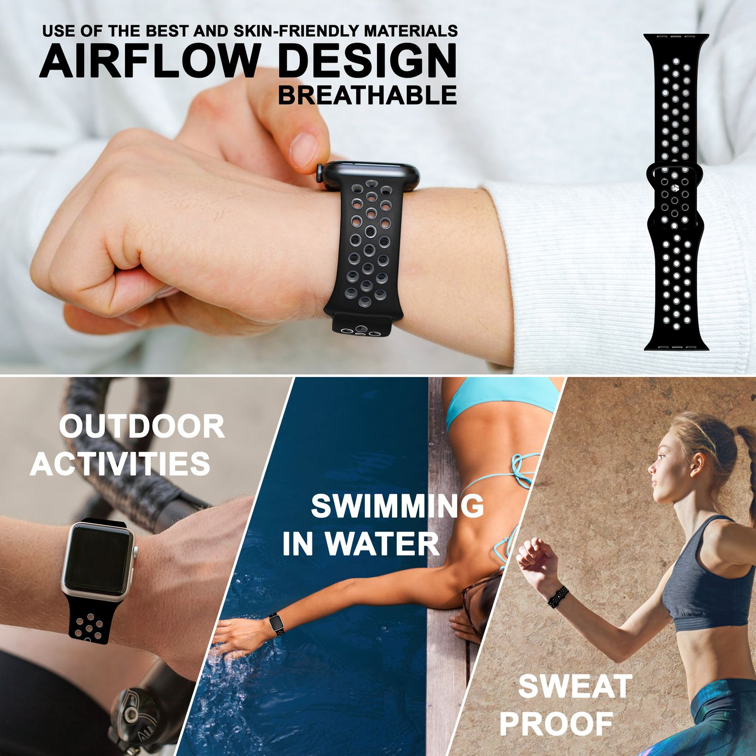 Collage mit einem Handgelenk, das eine Uhr und ein Armband trägt. Der Text lautet: Airflow-Design, Outdoor-Aktivitäten, Schwimmen.