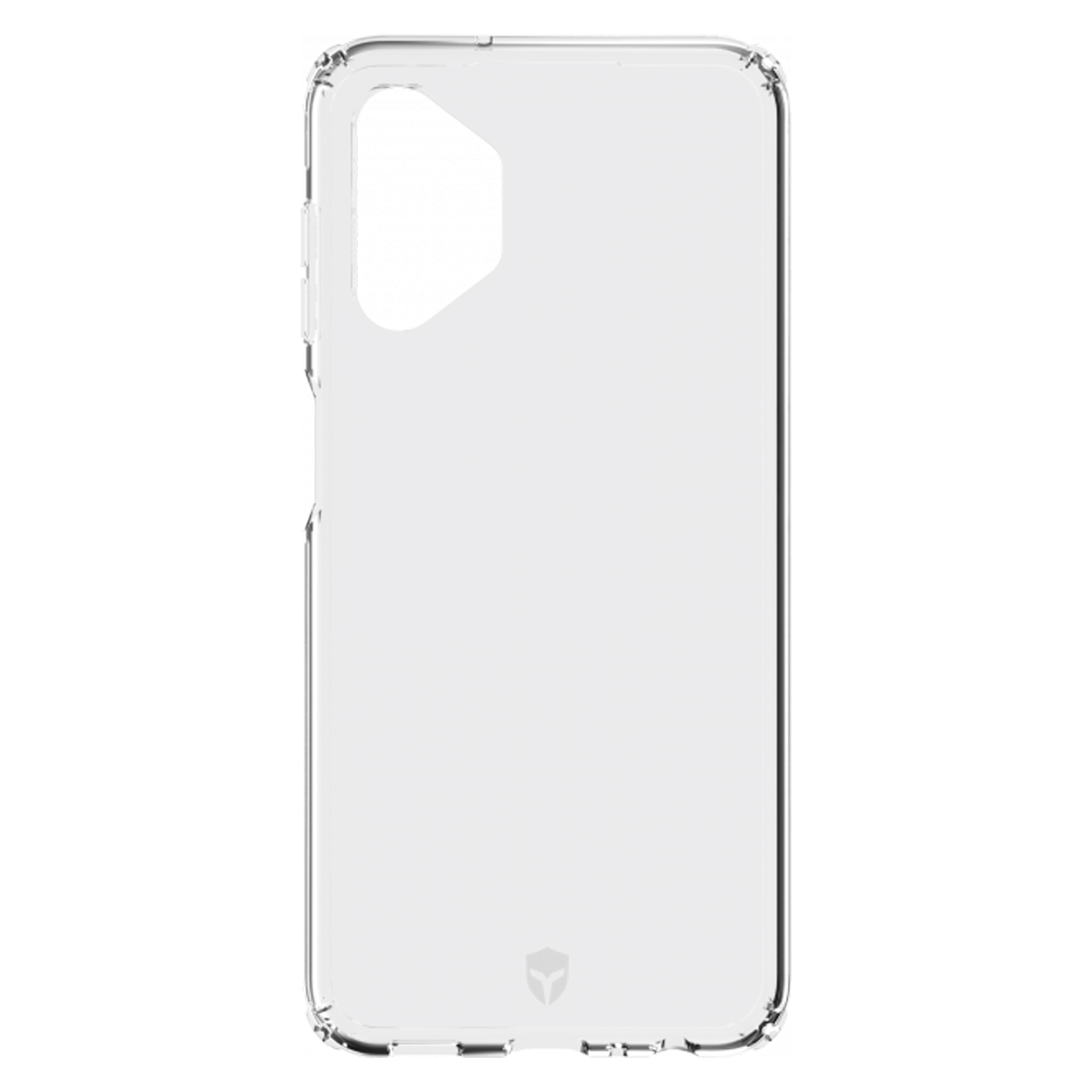 Coque de téléphone transparente, dos transparent avec découpe caméra et boutons latéraux. Fond blanc.