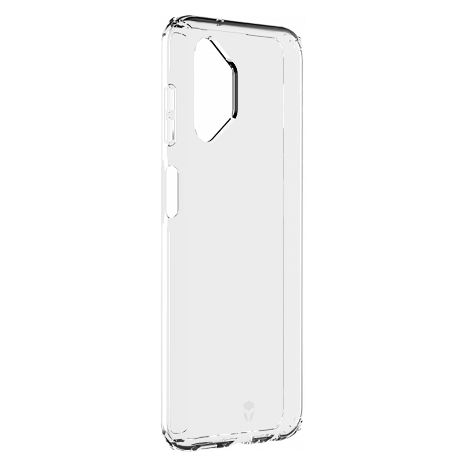Une coque de téléphone transparente, montrant le contour d'un téléphone. Elle est transparente avec des coins arrondis.