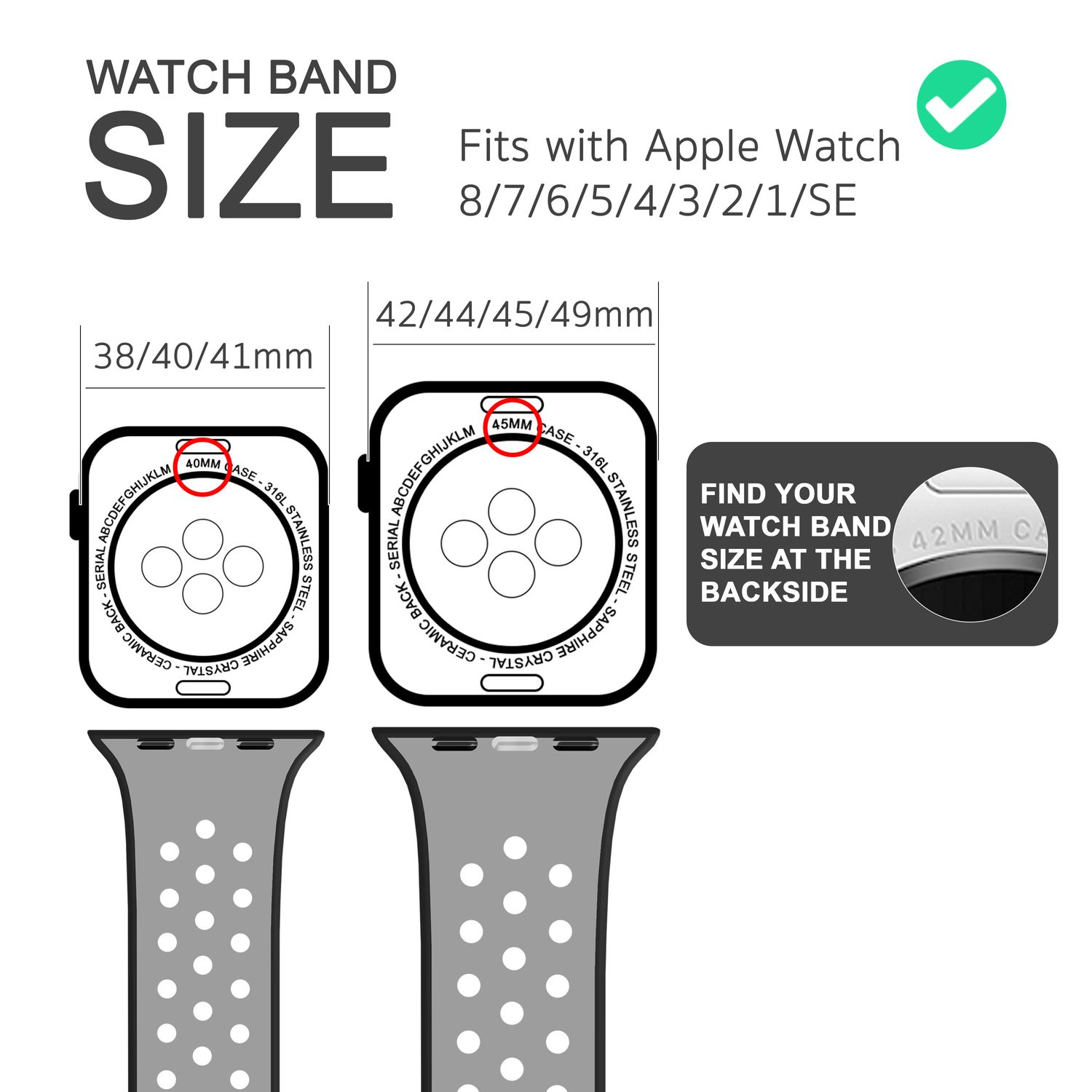 Diagramm mit Armbandgrößen für die Apple Watch, mit Größenangaben und Beispielen.