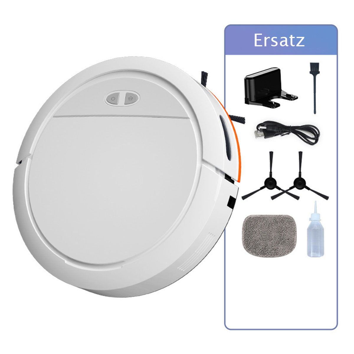 Ein weißer Roboter-Staubsauger mit Zubehör, einschließlich Ladestation und Ersatzteilen.