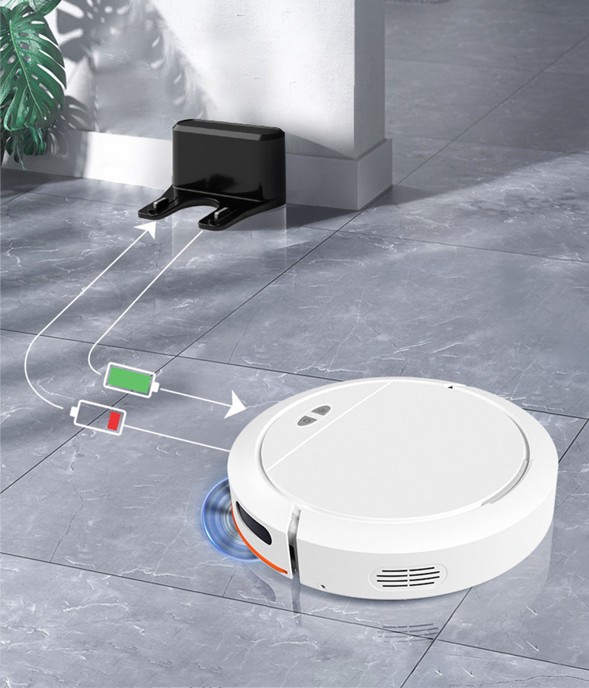 Ein weißer Roboter-Staubsauger. Er steht auf einem grauen Boden und lädt. Eine Ladestation ist im Hintergrund.