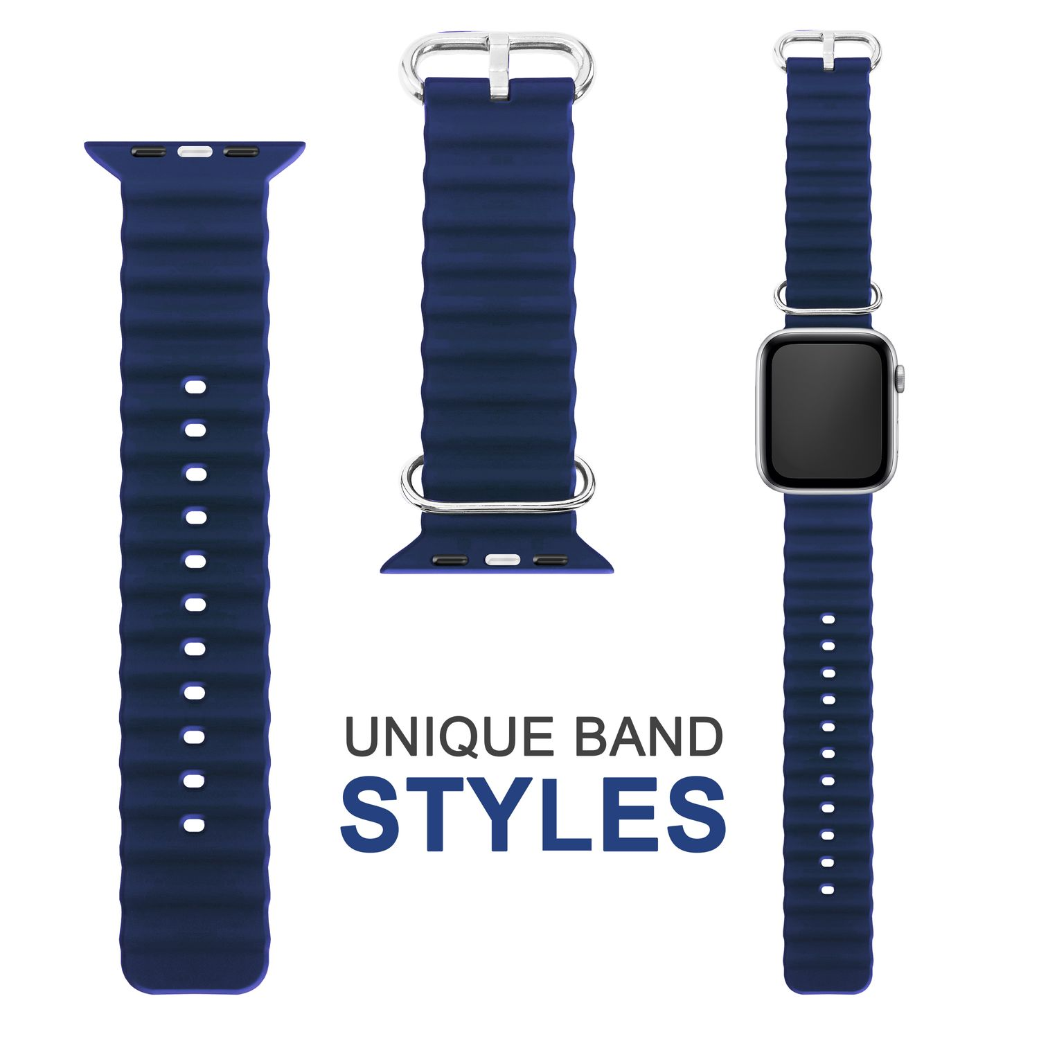 Drei Uhrenarmbänder in einer Reihe. Die Bänder sind blau, mit einem einzigartigen gerippten Design und silberner Hardware.