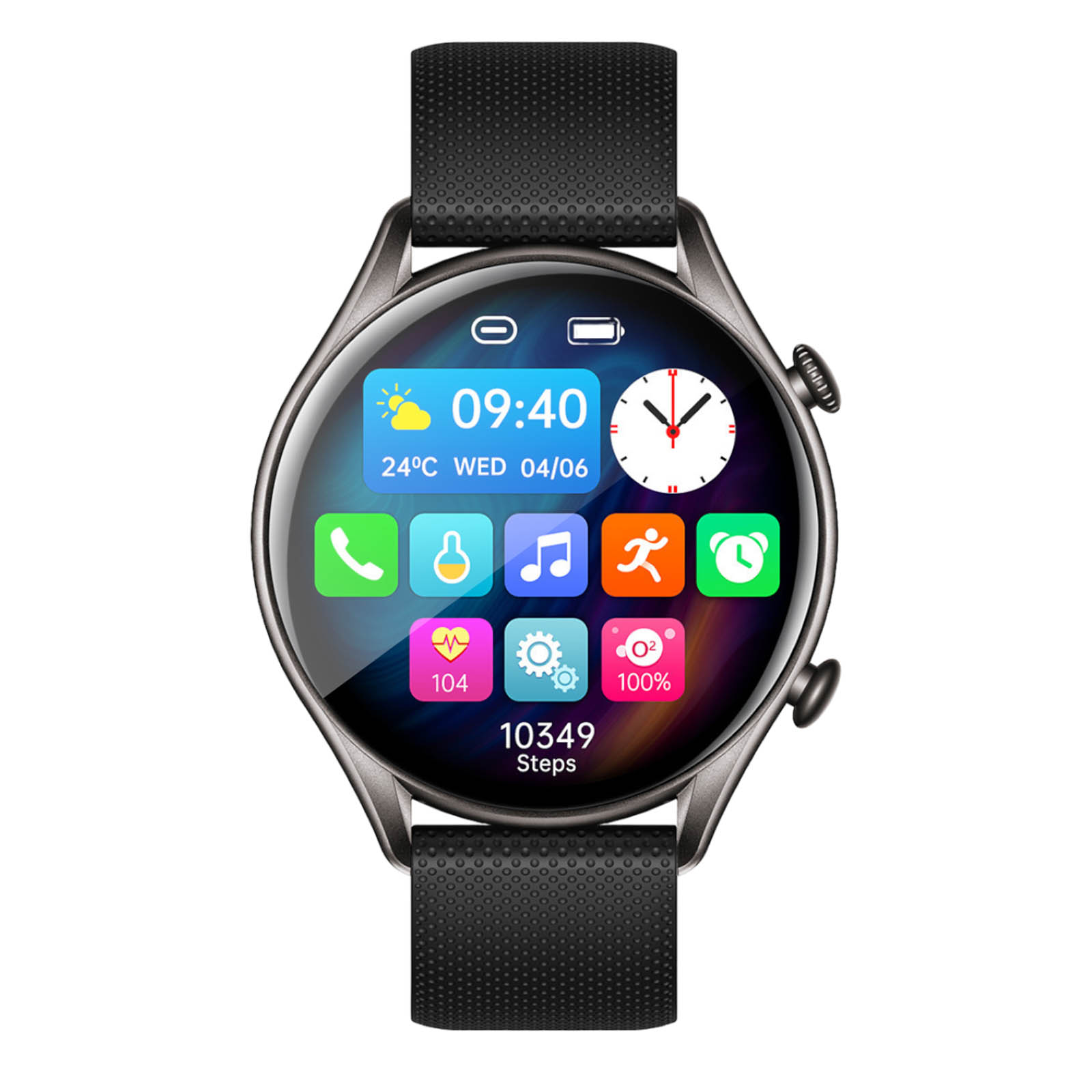 Smartwatch mit schwarzem Armband. Zeigt Zeit, Datum, Schritte und Gesundheitsinfos.