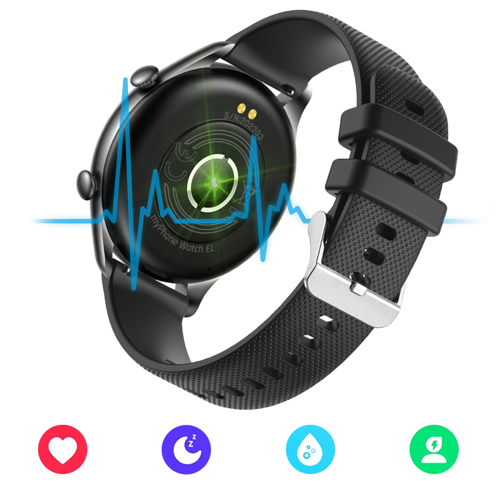 Eine schwarze Smartwatch mit schwarzem Bildschirm, der einen Herzschlag zeigt, mit zugehörigen Symbolen darunter.
