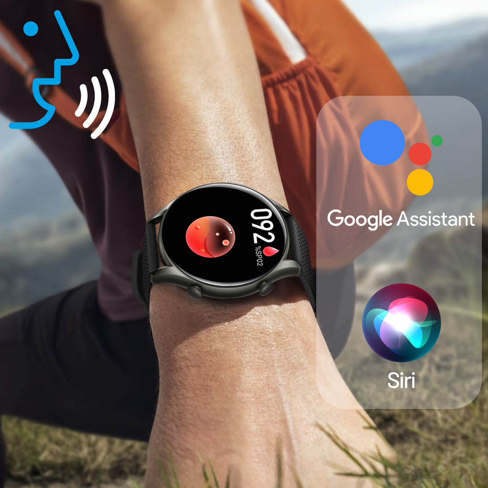 Smartwatch am Handgelenk, zeigt Herzfrequenzmesser. Google Assistant und Siri Symbole.