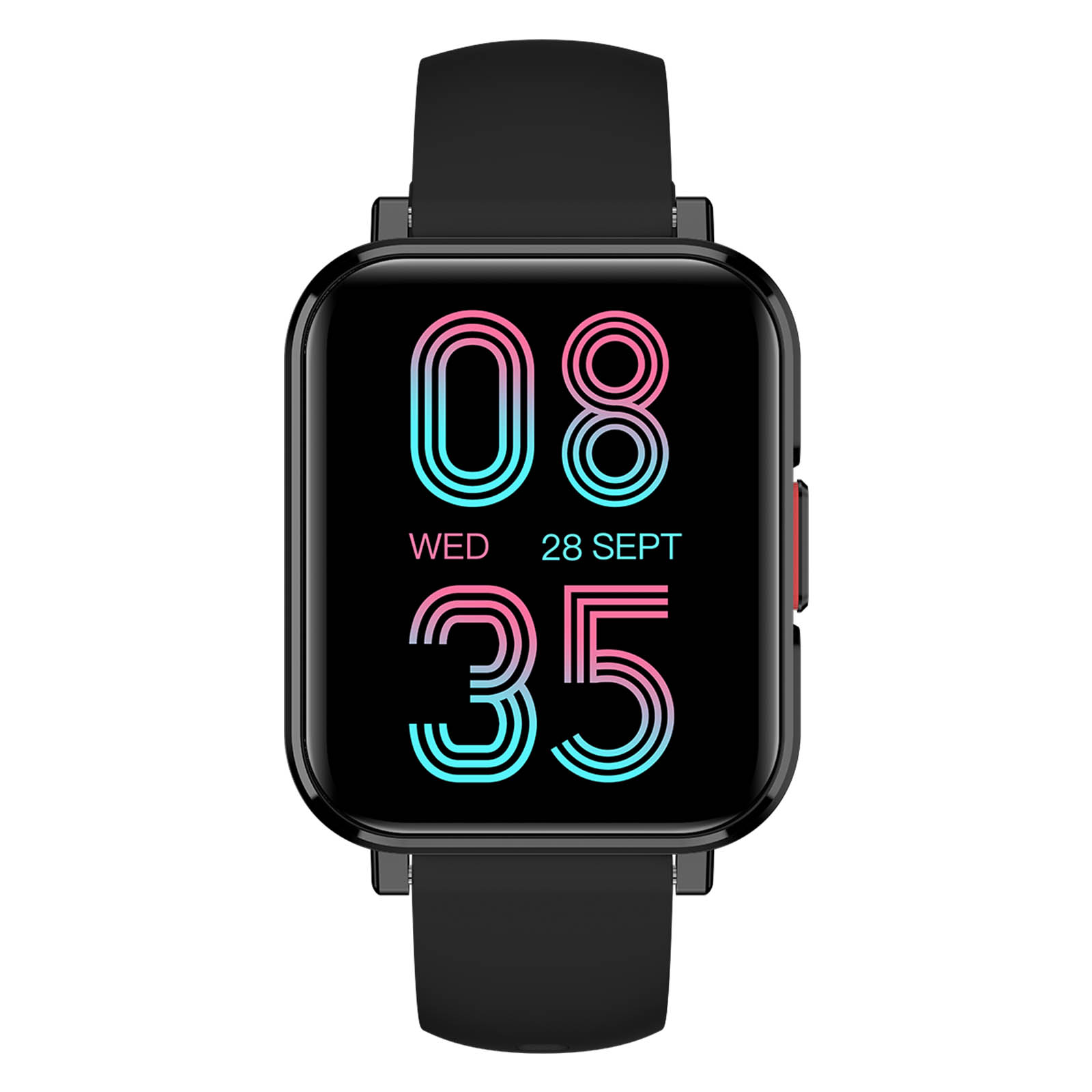 Eine schwarze Smartwatch, die die Uhrzeit und das Datum anzeigt. Die Uhr zeigt 08:35 und Mittwoch, 28. September.