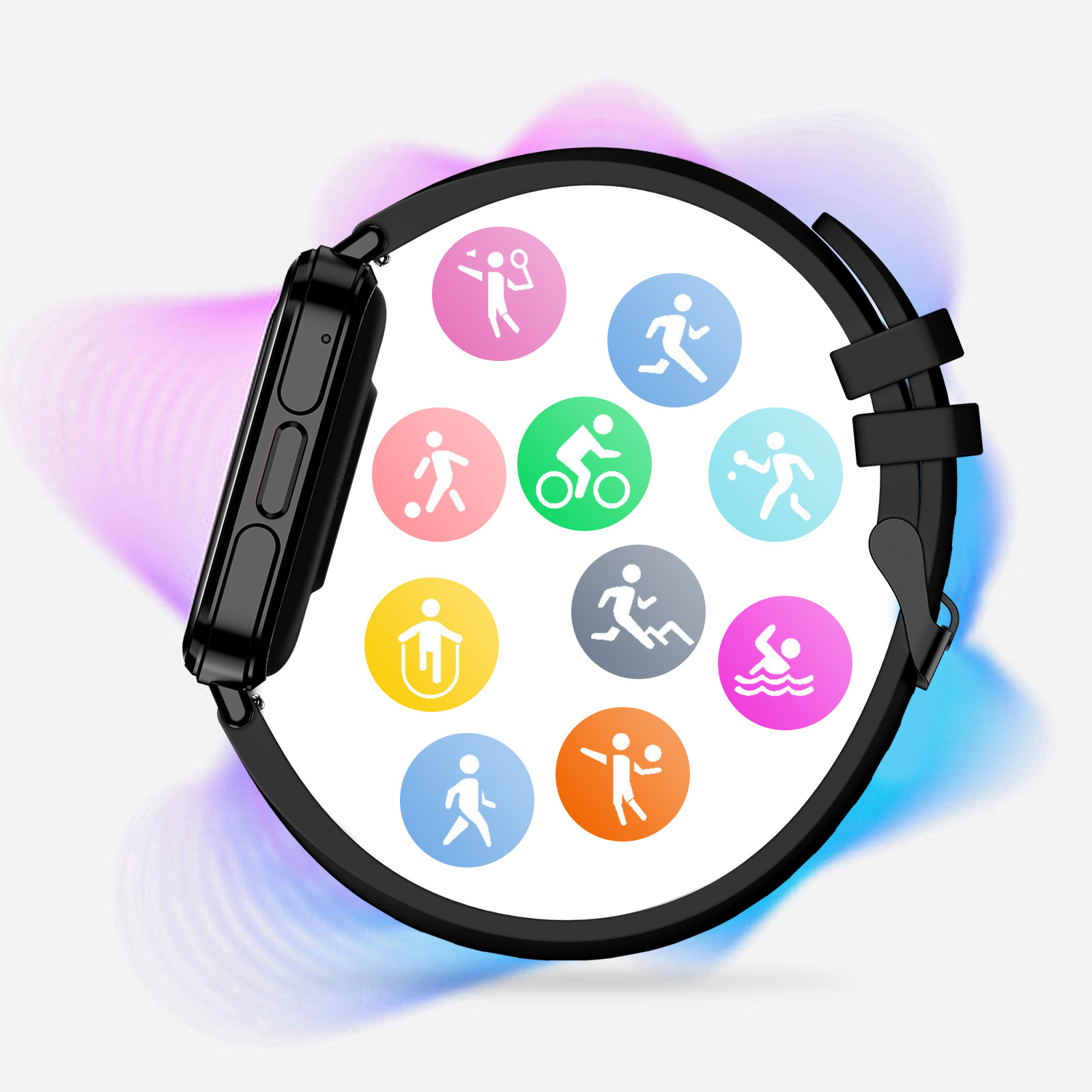 Schwarze Smartwatch mit Sportaktivitäts-Symbolen um den Bildschirm, auf weiß-lila Farbverlauf-Hintergrund.
