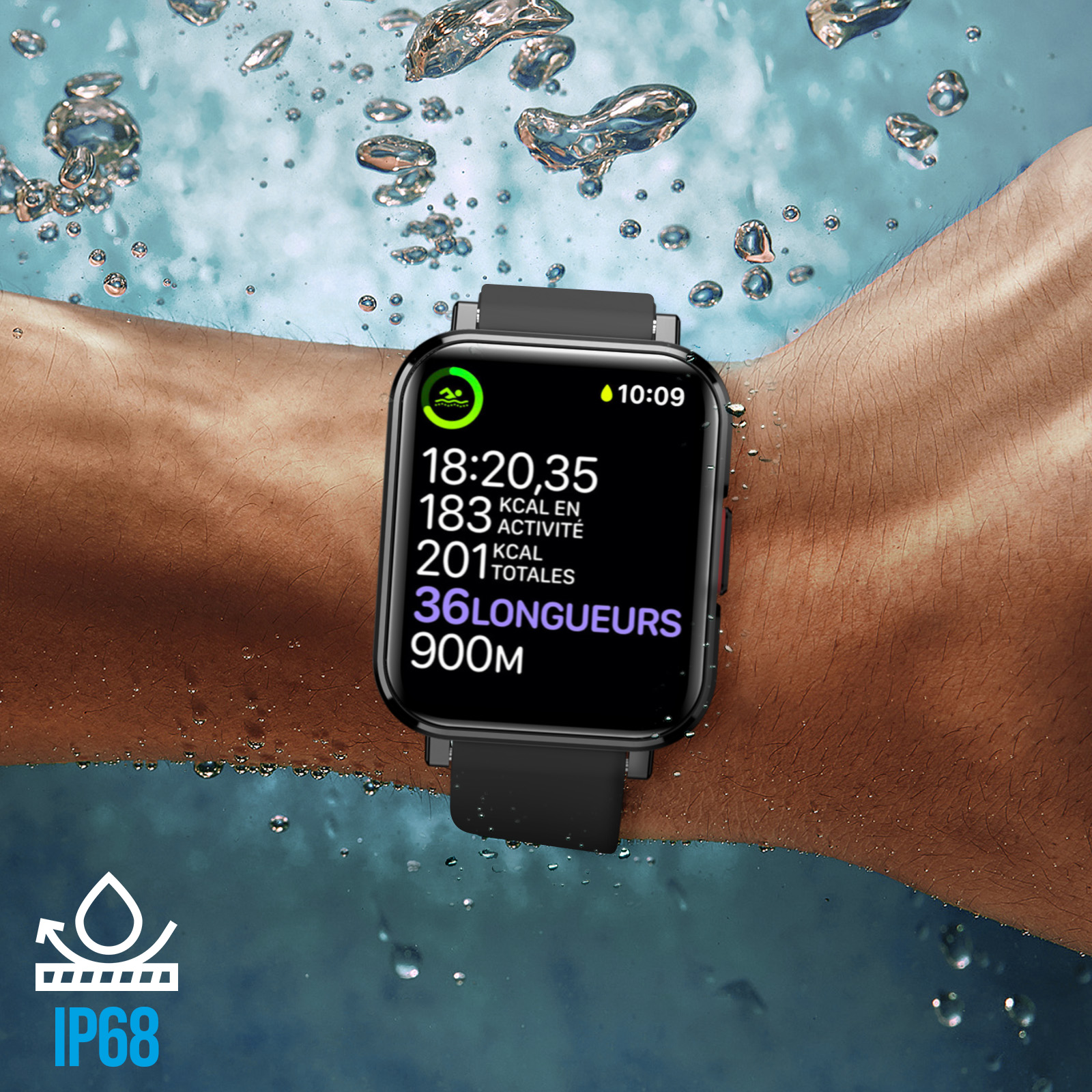 Smartwatch zeigt Daten an: Zeit, Herzfrequenz, Kalorienverbrauch und Runden. Es ist am Handgelenk im Wasser.