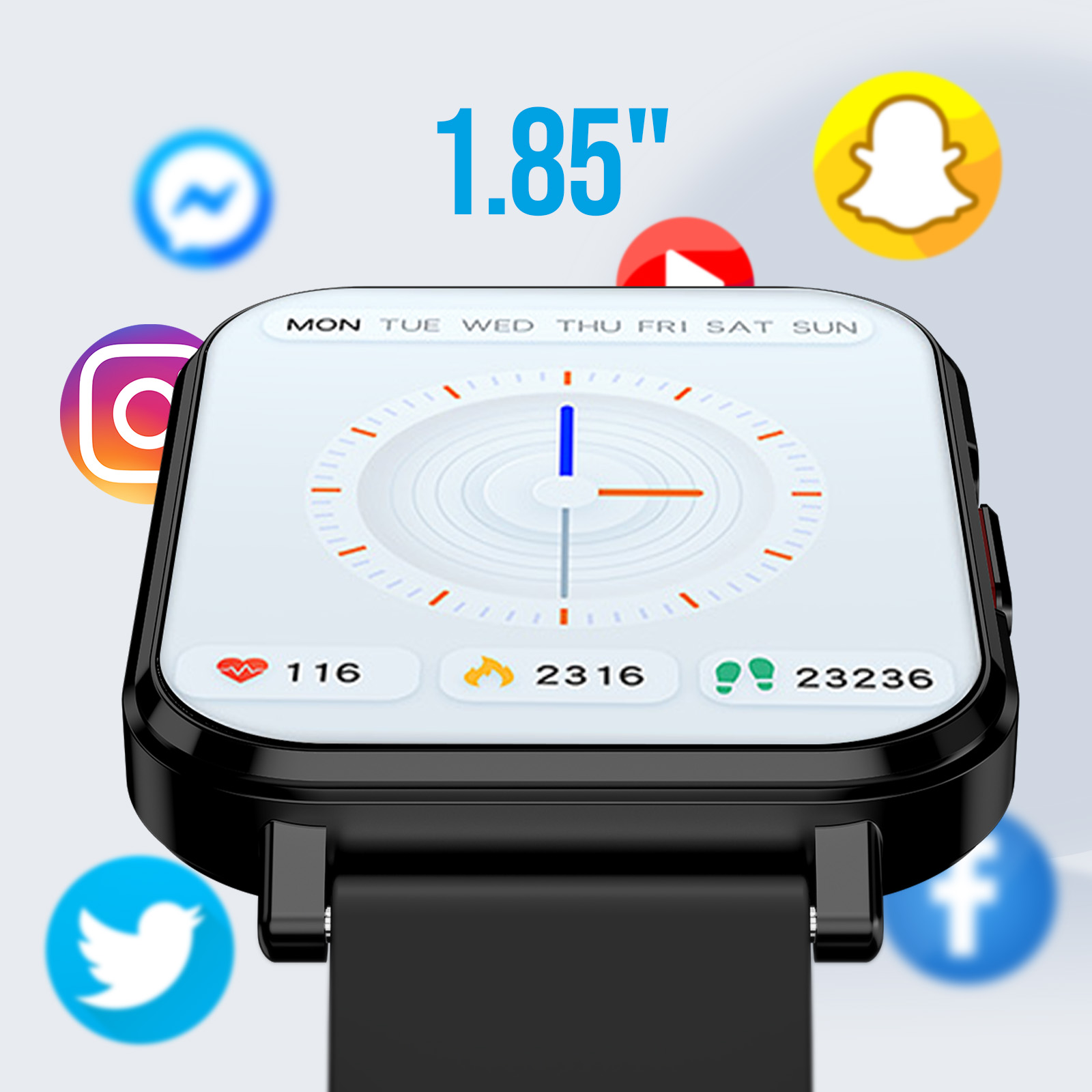 Smartwatch mit Zeit, Herzfrequenz, Kalorien, Schritten und Social-Media-Symbolen.