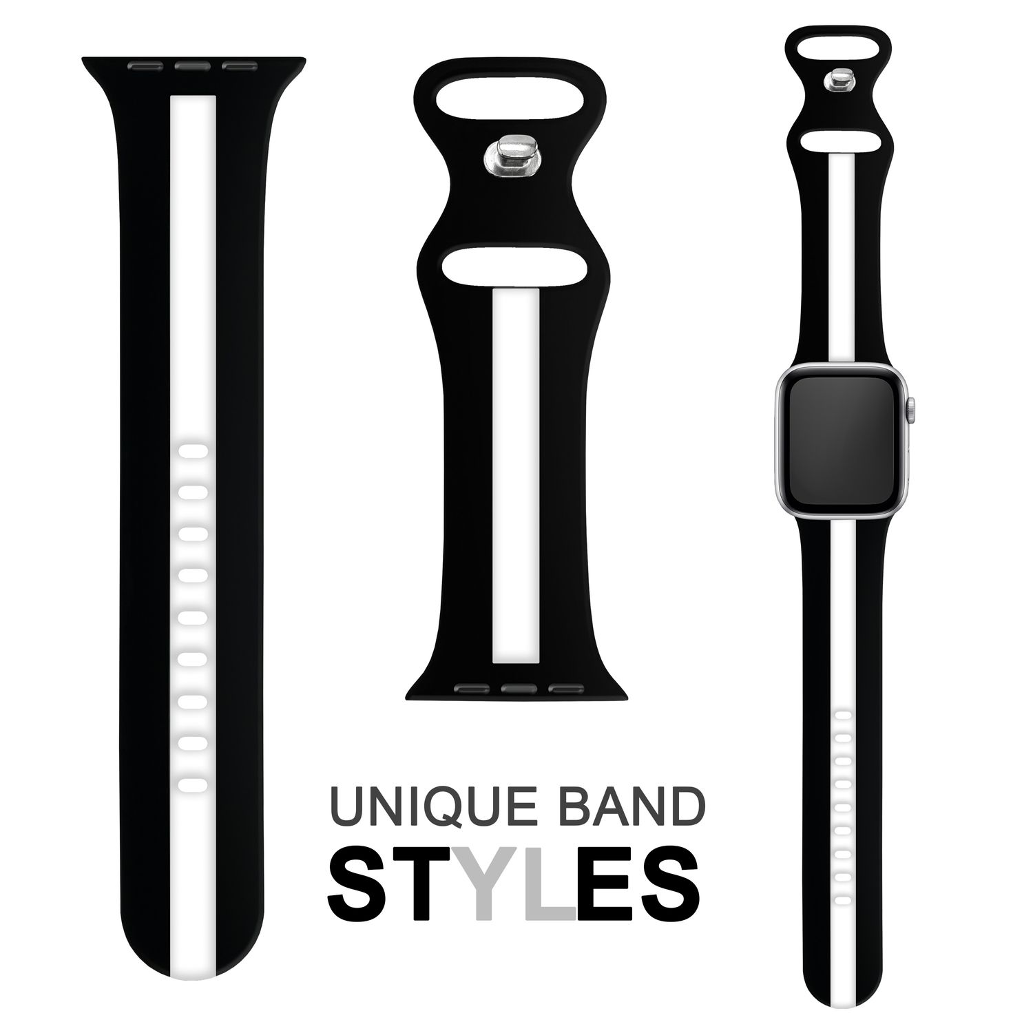 Drei schwarz-weiß gestreifte Armbänder mit Text "UNIQUE BAND STYLES".