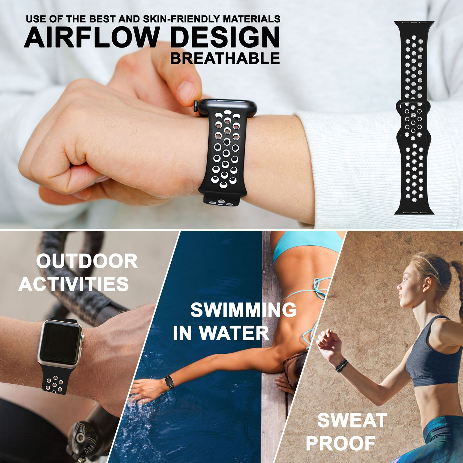 Schwarz-weißes Armband mit Löchern. Mann mit Armband, Frau im Wasser, Outdoor-Aktivität.