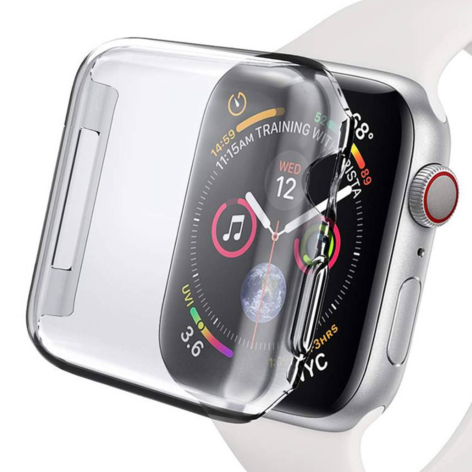 Eine transparente Uhrenhülle auf einer silbernen Uhr. Die Uhr zeigt die Uhrzeit und eine Musiknote an.