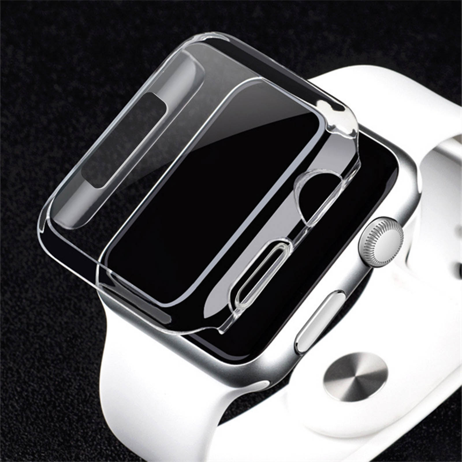 Transparente Handyhülle auf einer weißen Apple Watch. Schwarzer Bildschirm wird angezeigt.