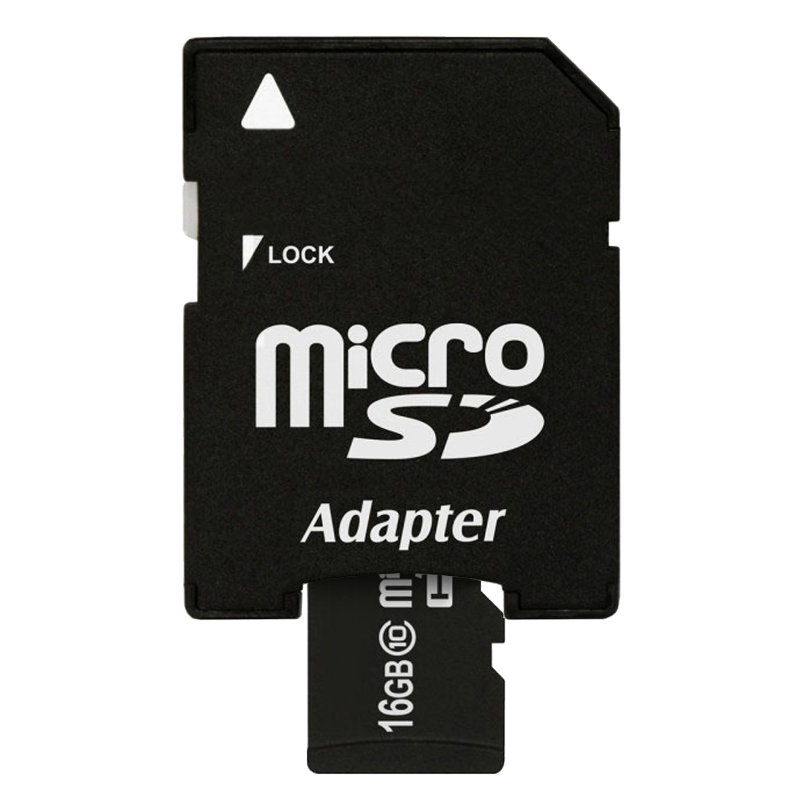 Schwarzer Micro-SD-Adapter mit 16GB Micro-SD-Karte. Die SD-Karte ist im Adapter eingesetzt.