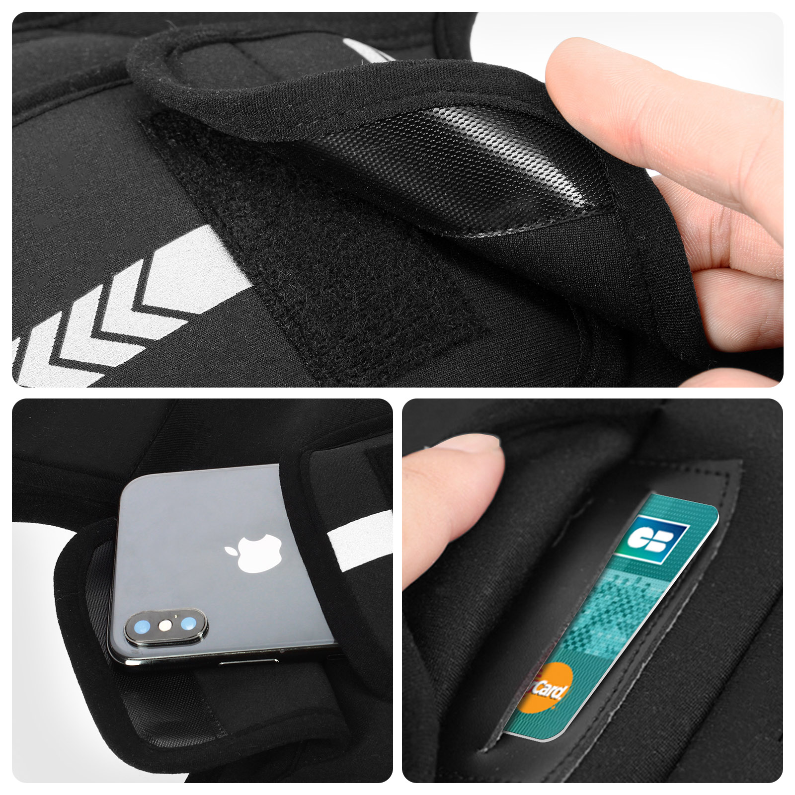 Nahaufnahme eines schwarzen Armbands, mit Telefon, Kreditkarte und weißen Pfeildetails.