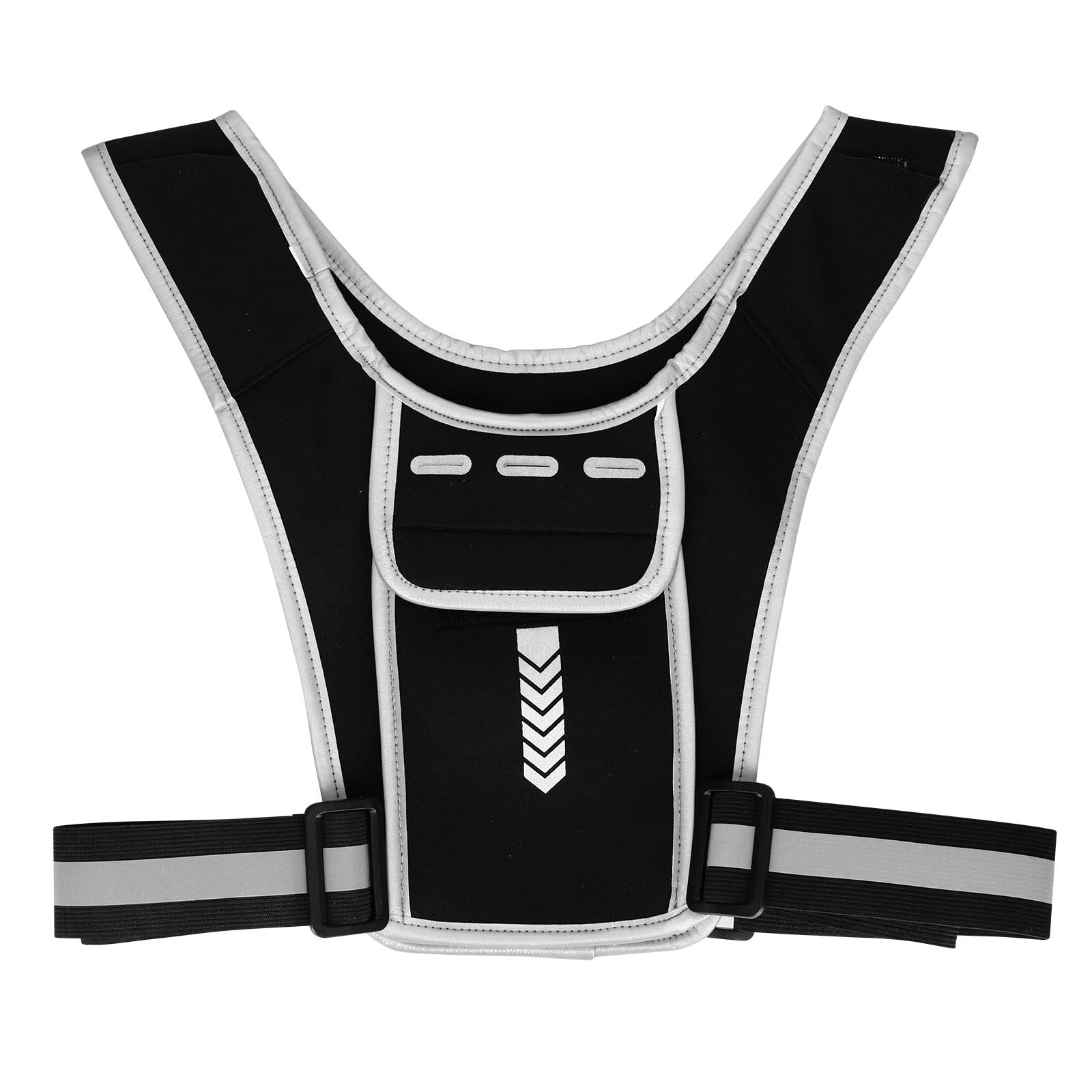 Un gilet da corsa riflettente, nero con accenti bianchi, con una tasca per il telefono.