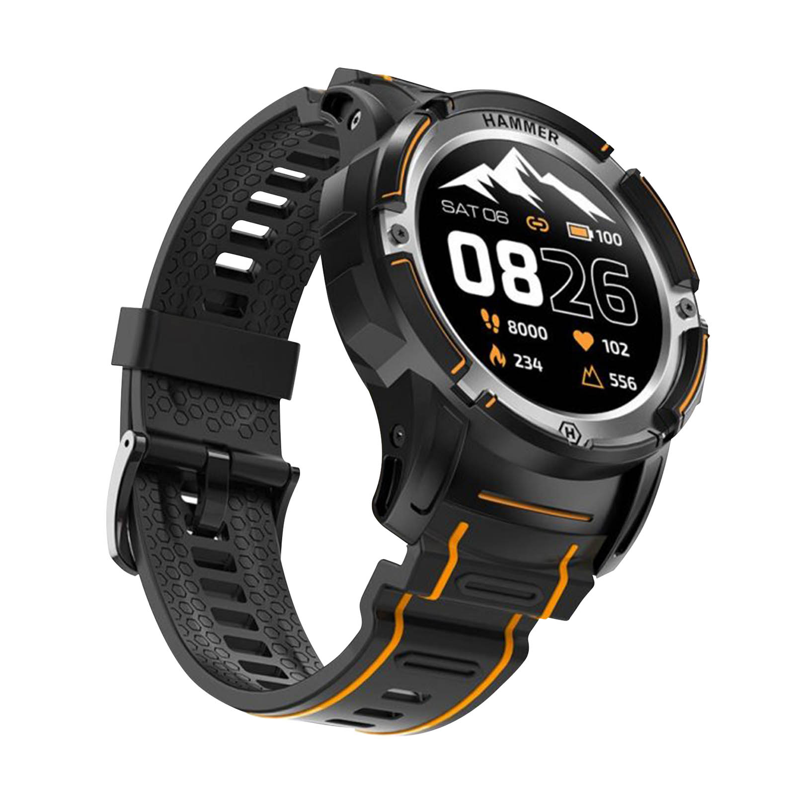 Schwarze und orangefarbene HAMMER Smartwatch. Der Bildschirm zeigt verschiedene Metriken und ein Datum an.