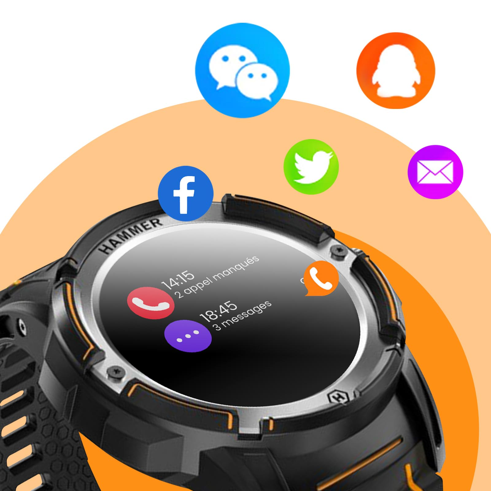 Smartwatch mit Benachrichtigungen. Symbole für Facebook, Twitter und Nachrichten auf dem Bildschirm.